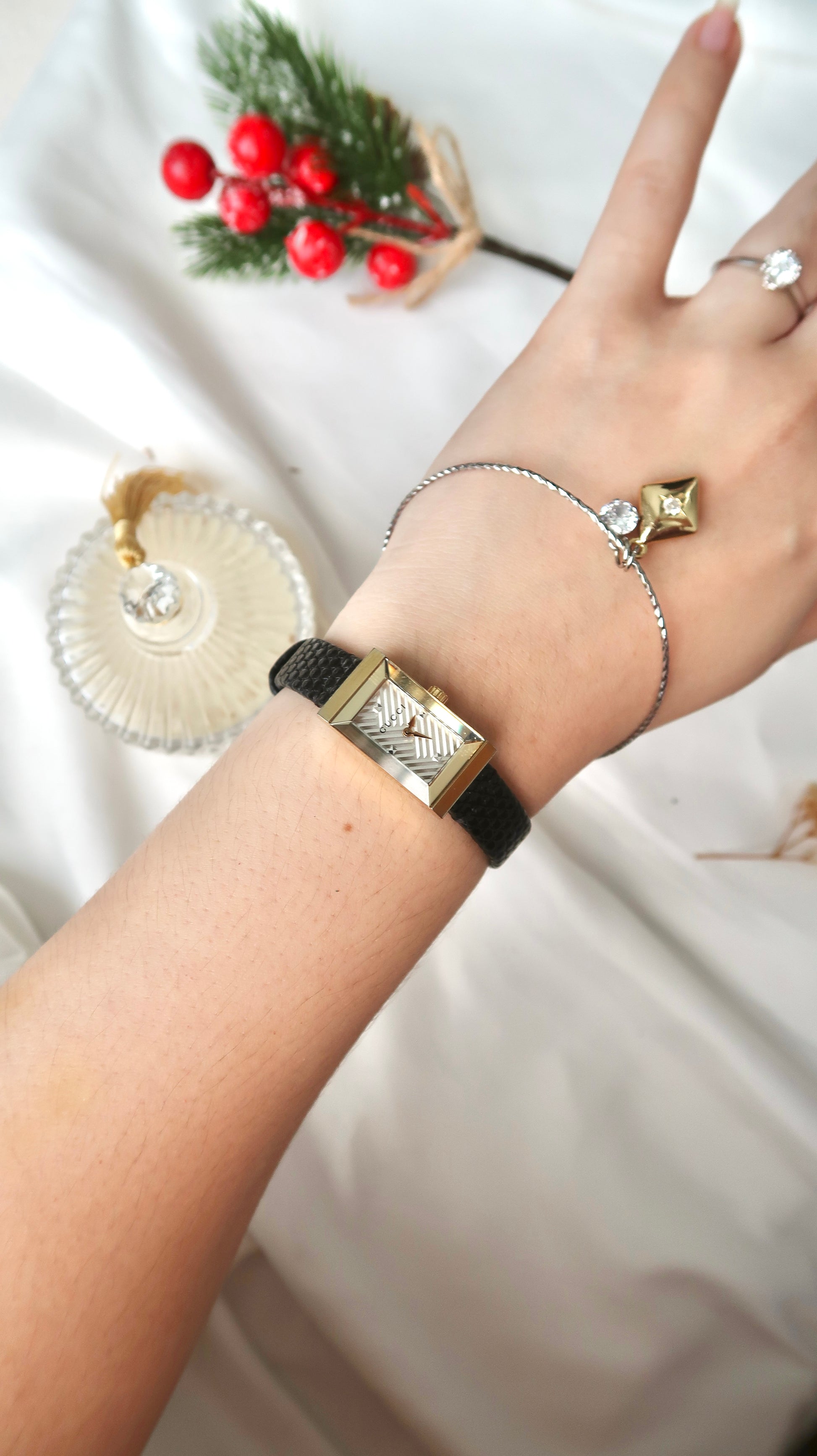 Gc. Rect Patterned Dial with Black Leather Strap Watch