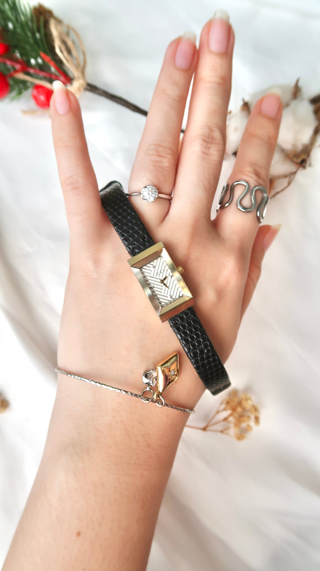 Gc. Rect Patterned Dial with Black Leather Strap Watch