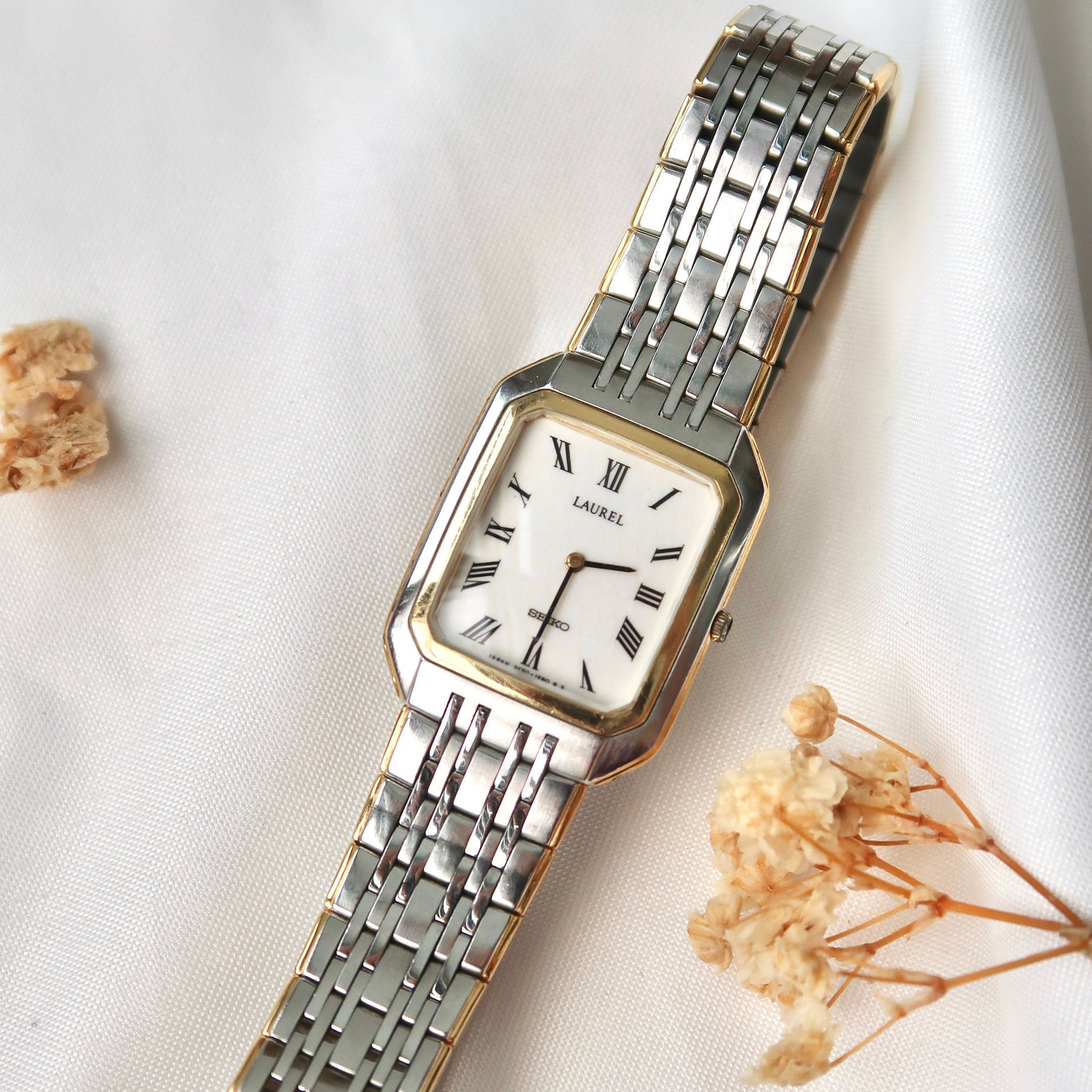 S. Laurel Rect White Roman Dial with Two Tone Chain Watch
