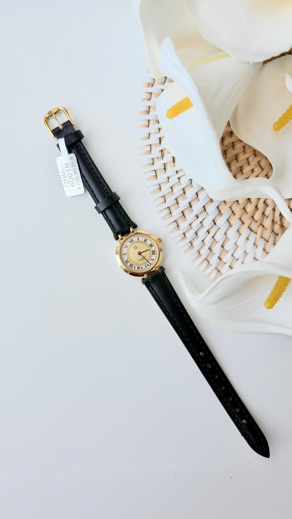 GV. White Gold Round Roman Dial Black Strap Watch