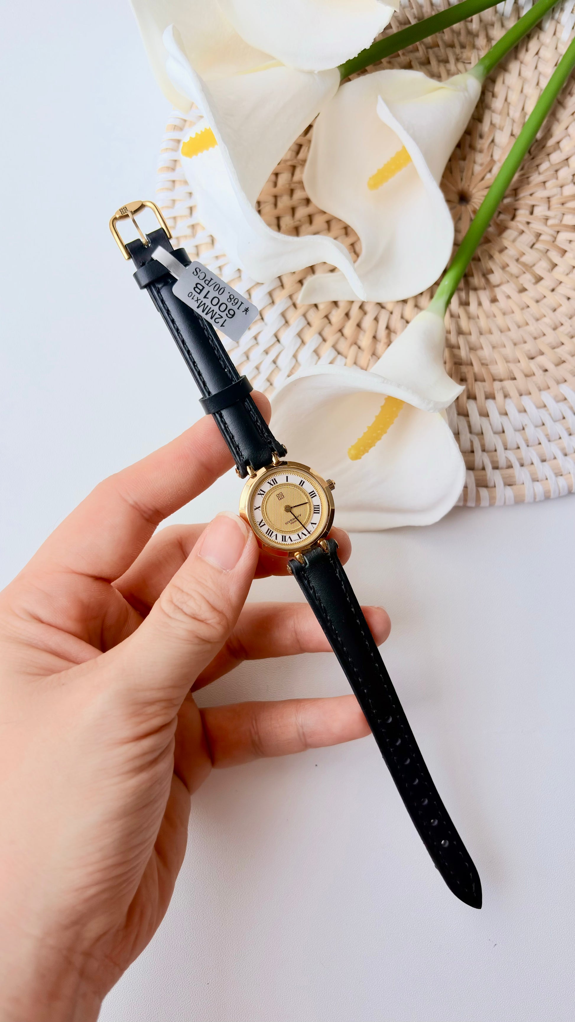 GV. White Gold Round Roman Dial Black Strap Watch