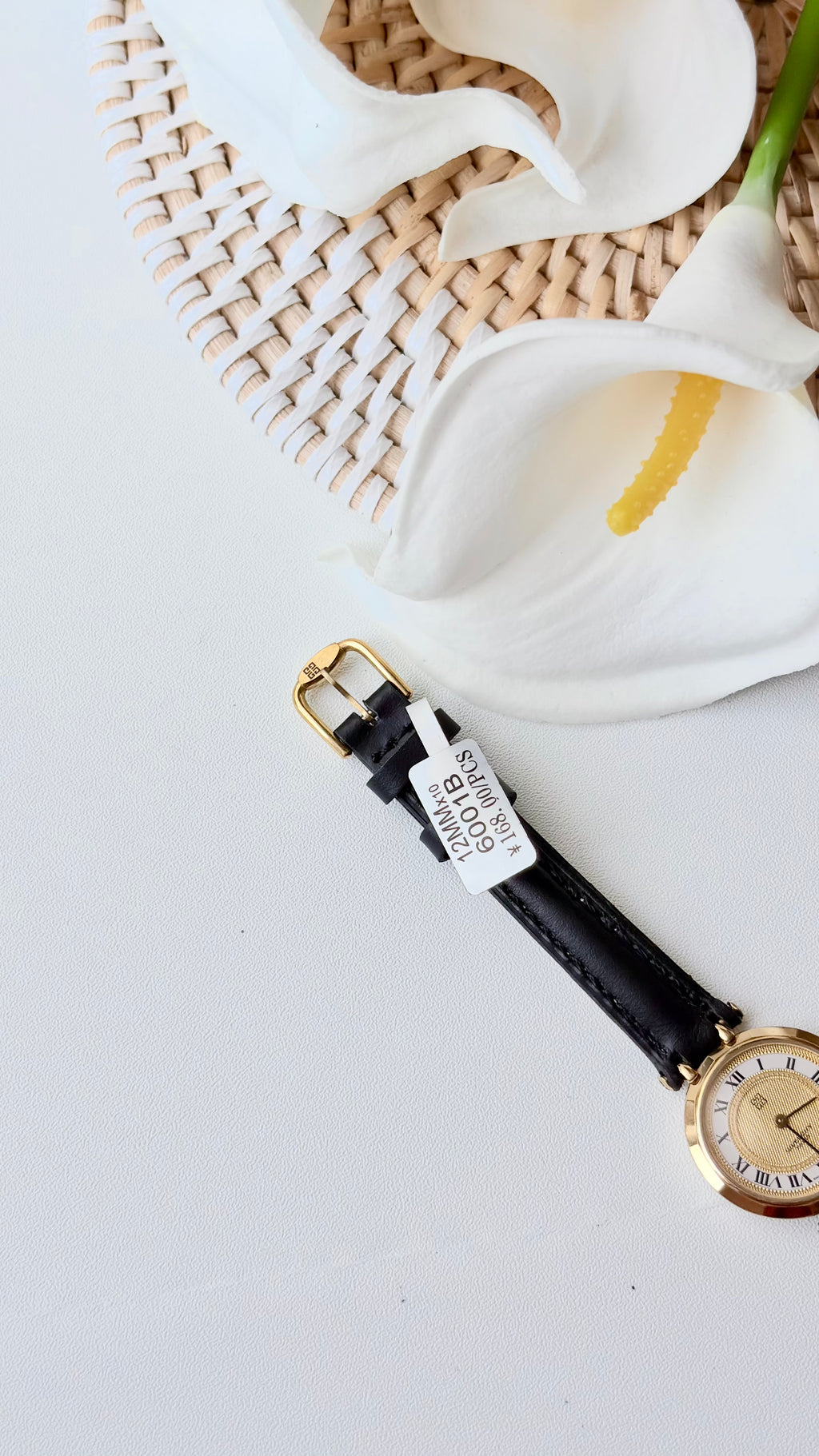 GV. White Gold Round Roman Dial Black Strap Watch