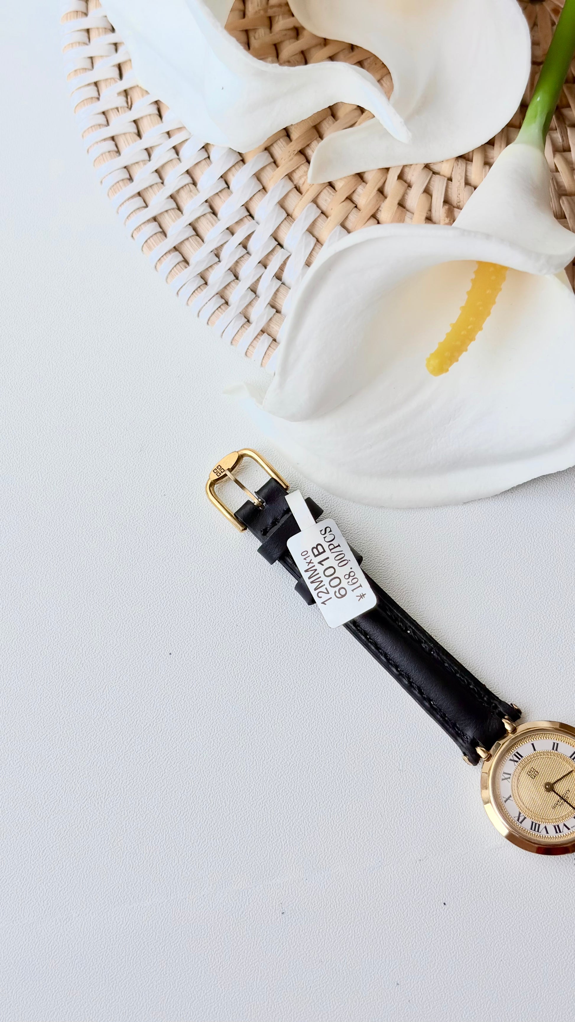 GV. White Gold Round Roman Dial Black Strap Watch