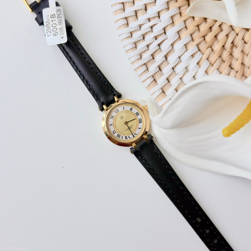 GV. White Gold Round Roman Dial Black Strap Watch
