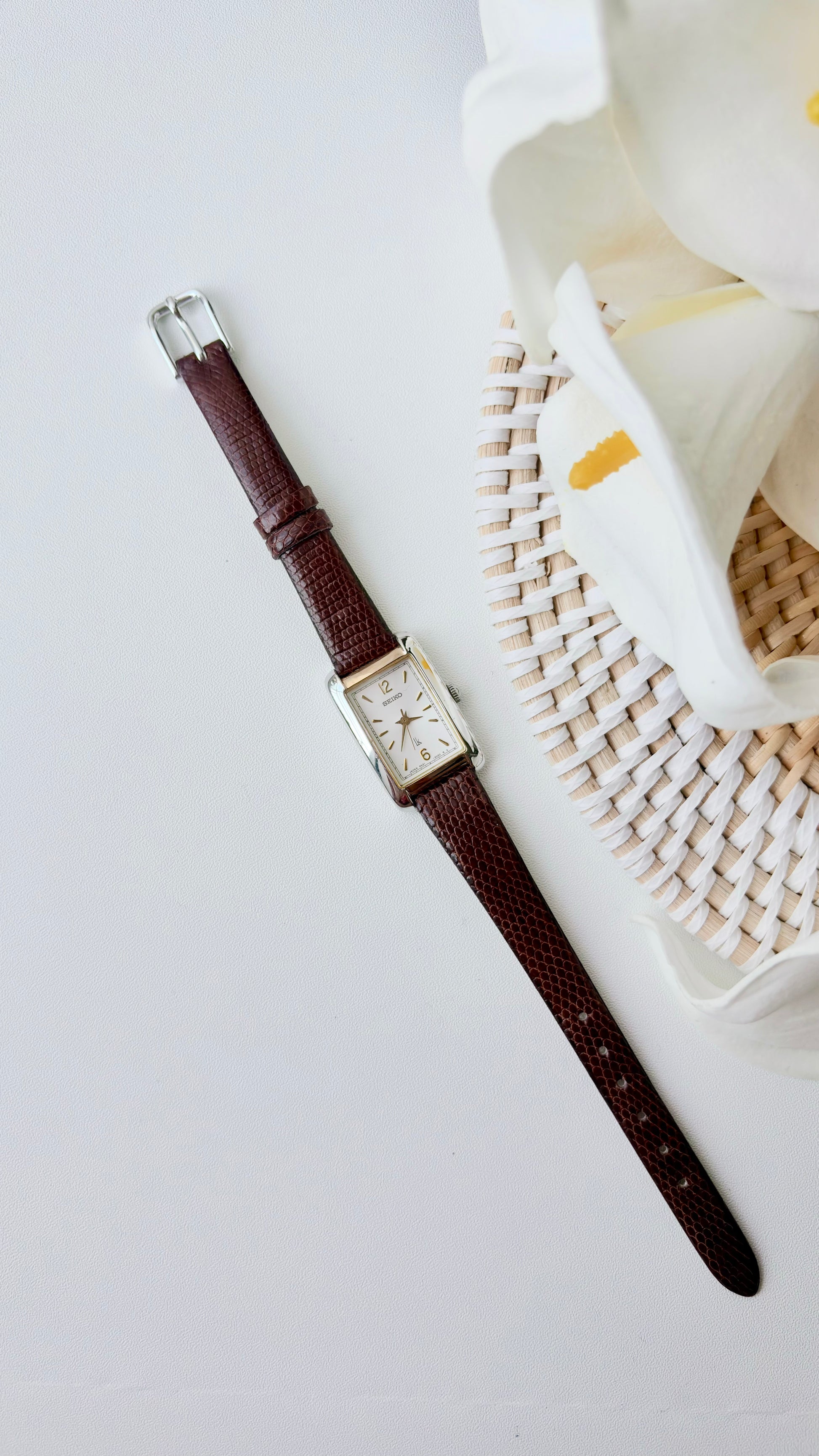 S. Lukia White Rect Dial Brown Strap Watch