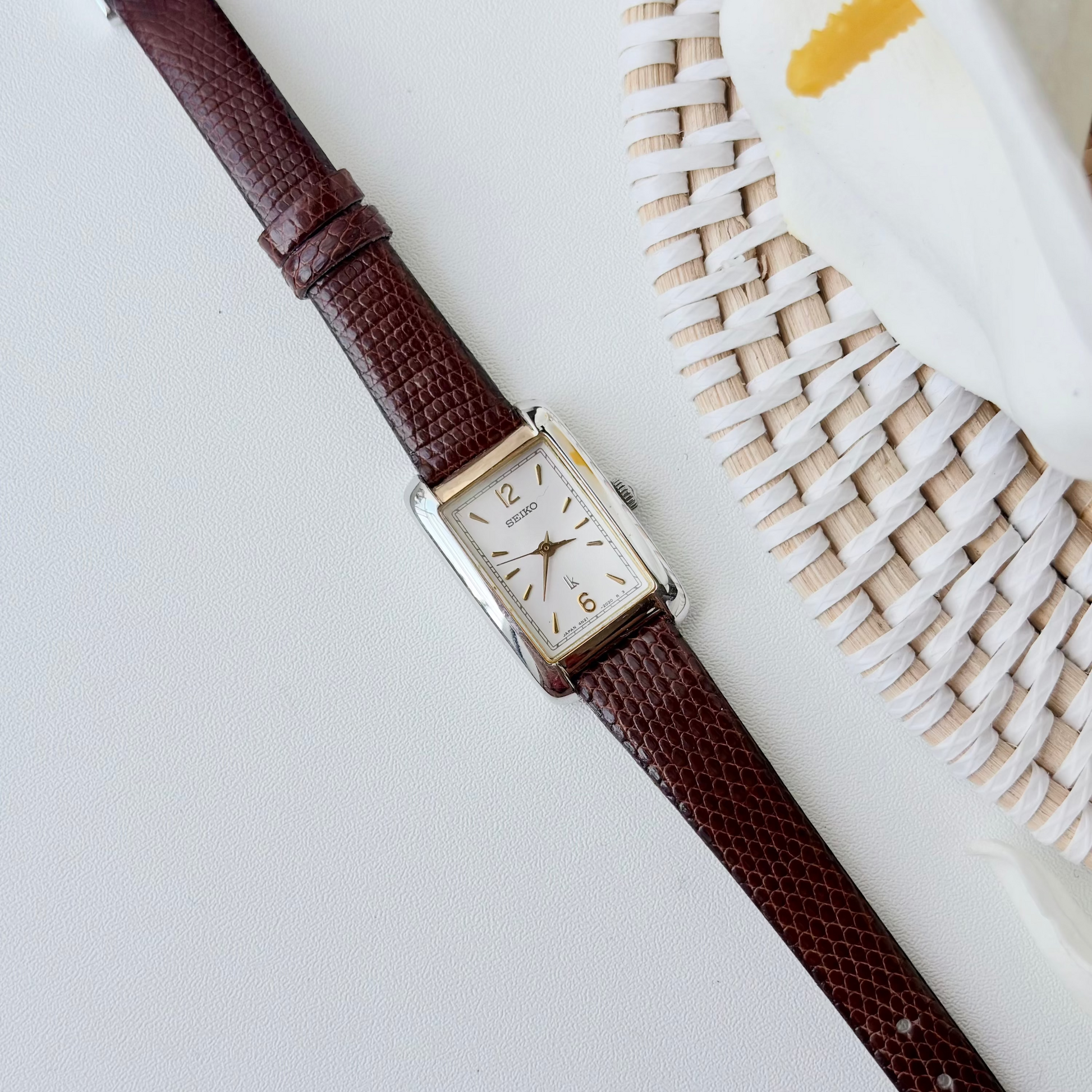S. Lukia White Rect Dial Brown Strap Watch