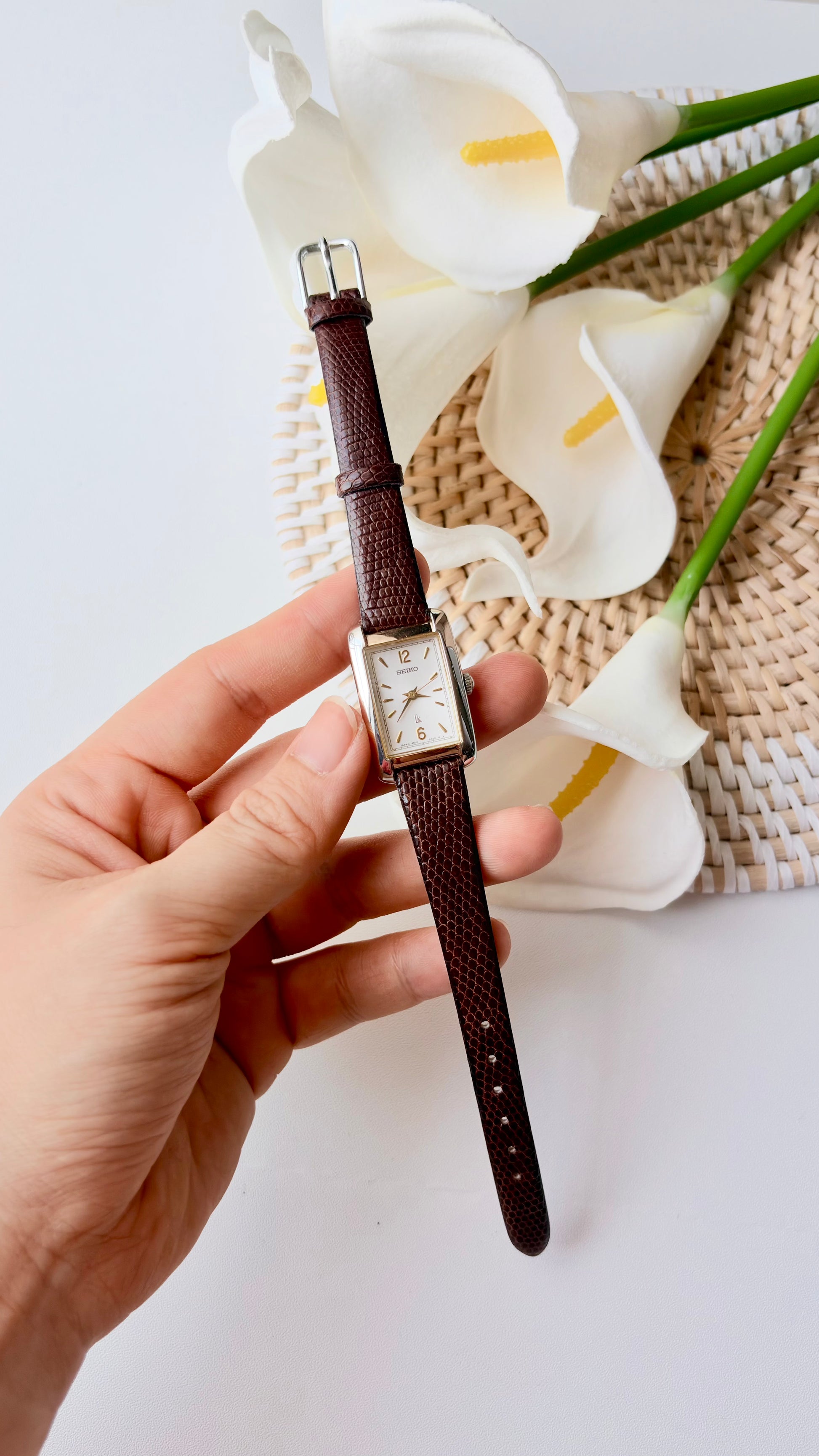 S. Lukia White Rect Dial Brown Strap Watch