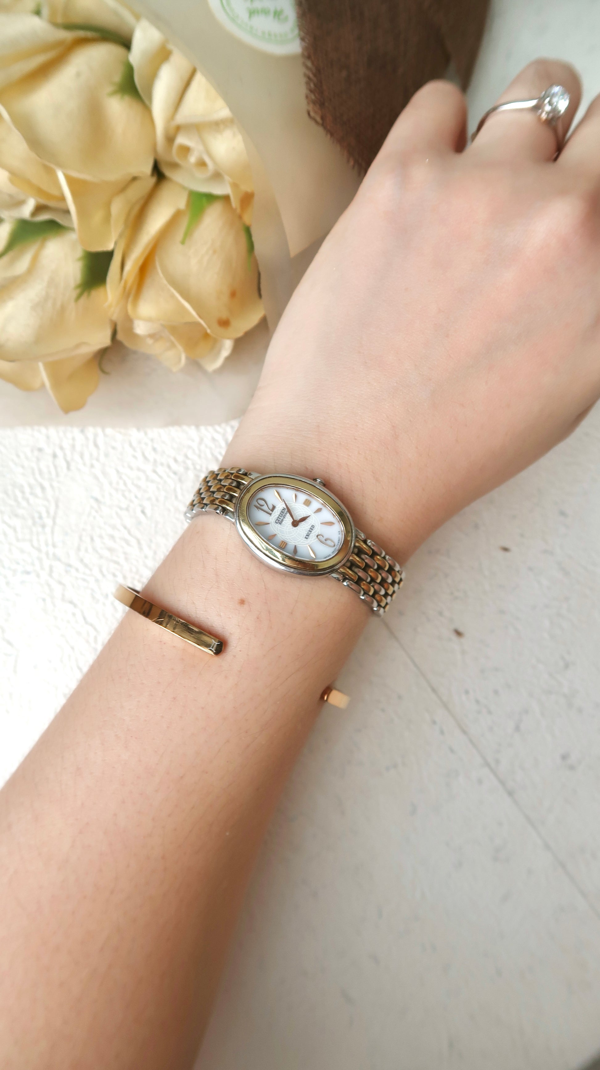 CTZ. Exceed Eco Drive White Oval Dial with Two Tone Chain Watch