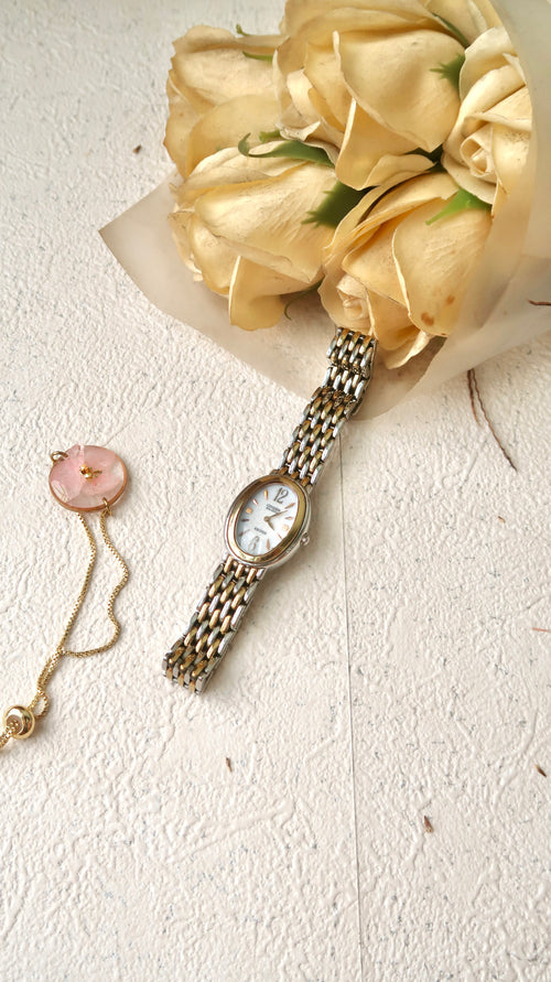 CTZ. Exceed Eco Drive White Oval Dial with Two Tone Chain Watch