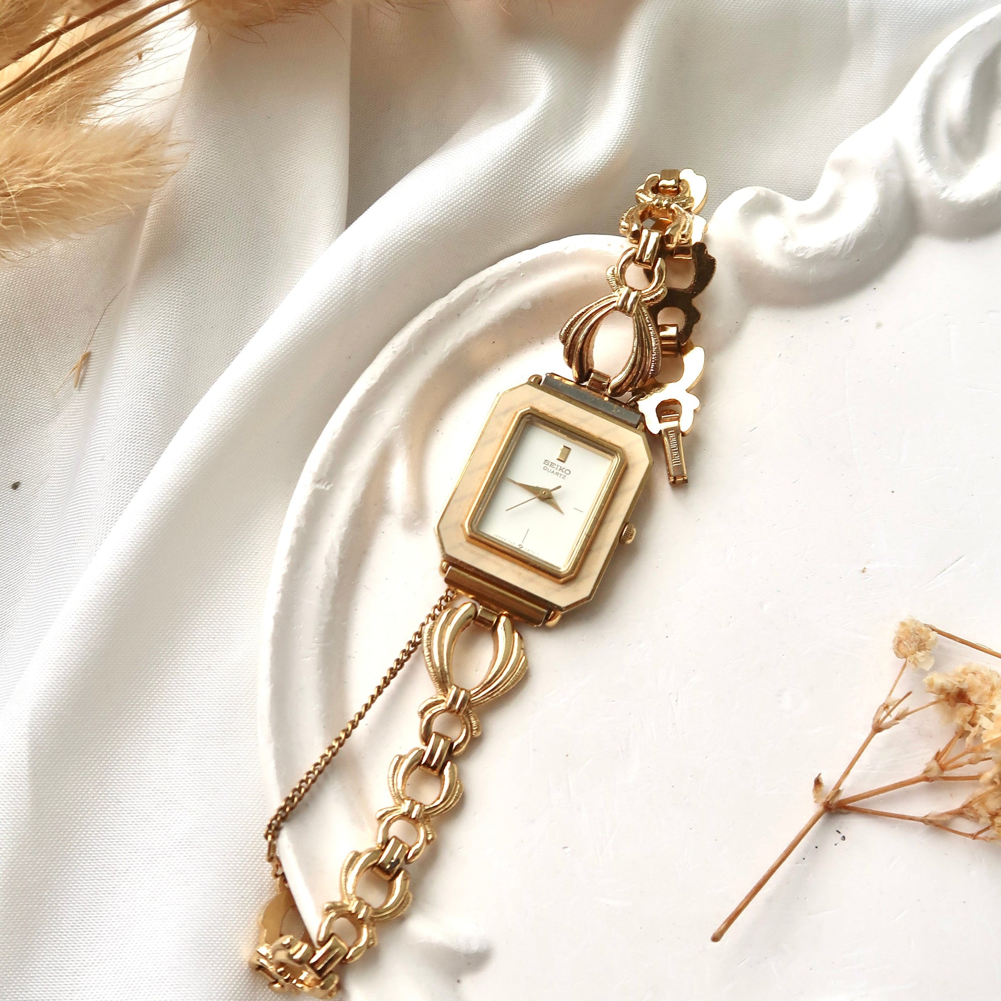 S. Rectangle White & Beige Pattern Dial with Gold Chain Vintage Watch