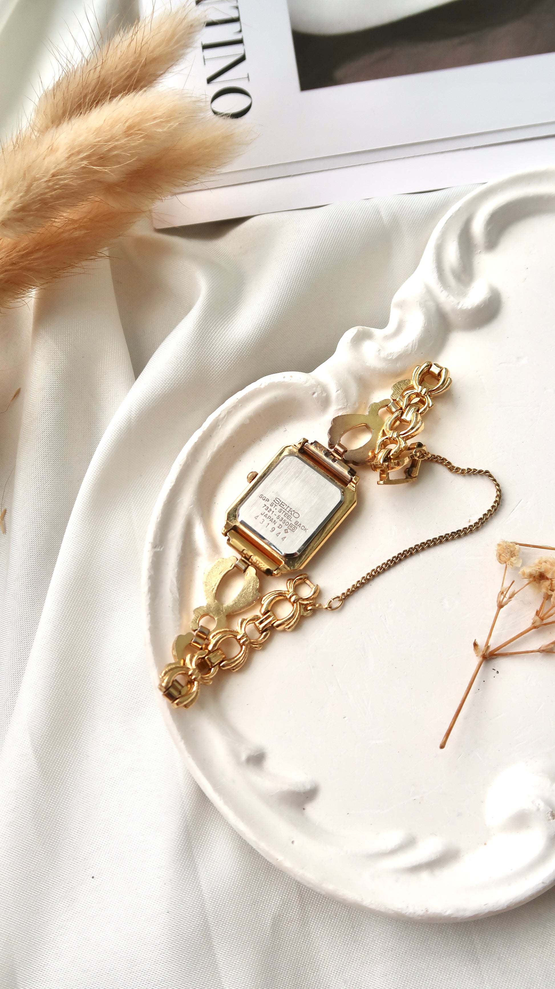 S. Rectangle White & Beige Pattern Dial with Gold Chain Vintage Watch