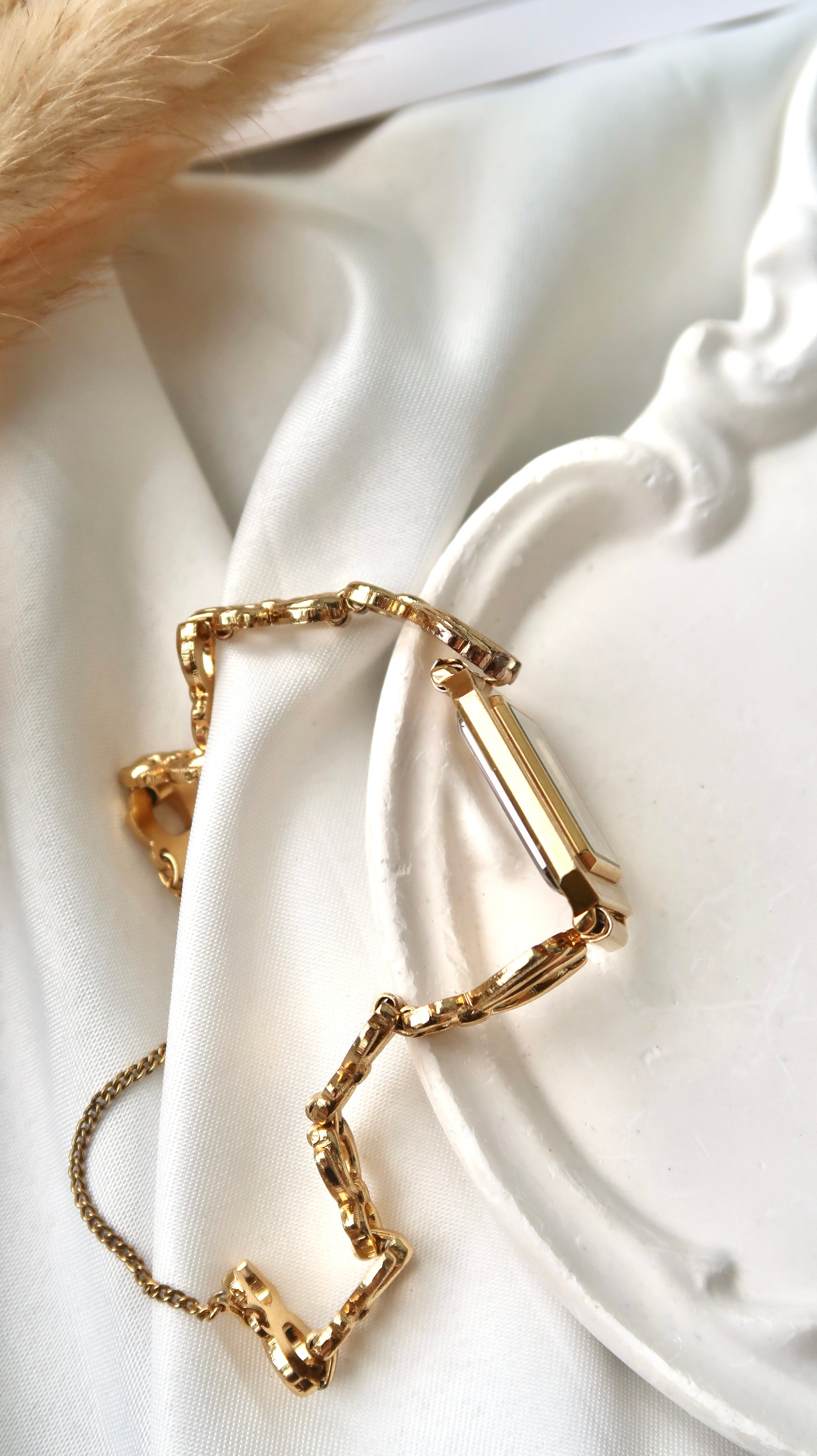 S. Rectangle White & Beige Pattern Dial with Gold Chain Vintage Watch