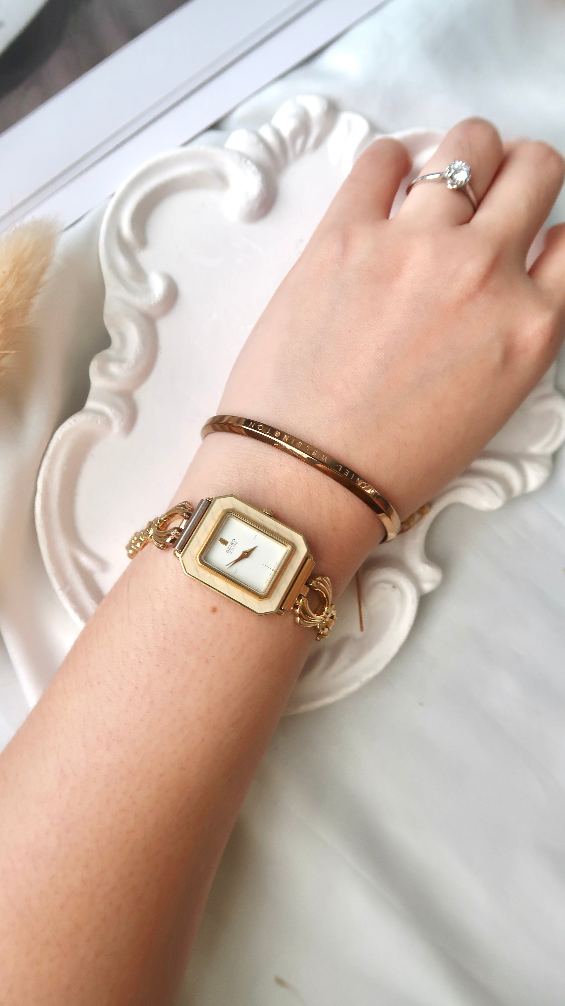 S. Rectangle White & Beige Pattern Dial with Gold Chain Vintage Watch