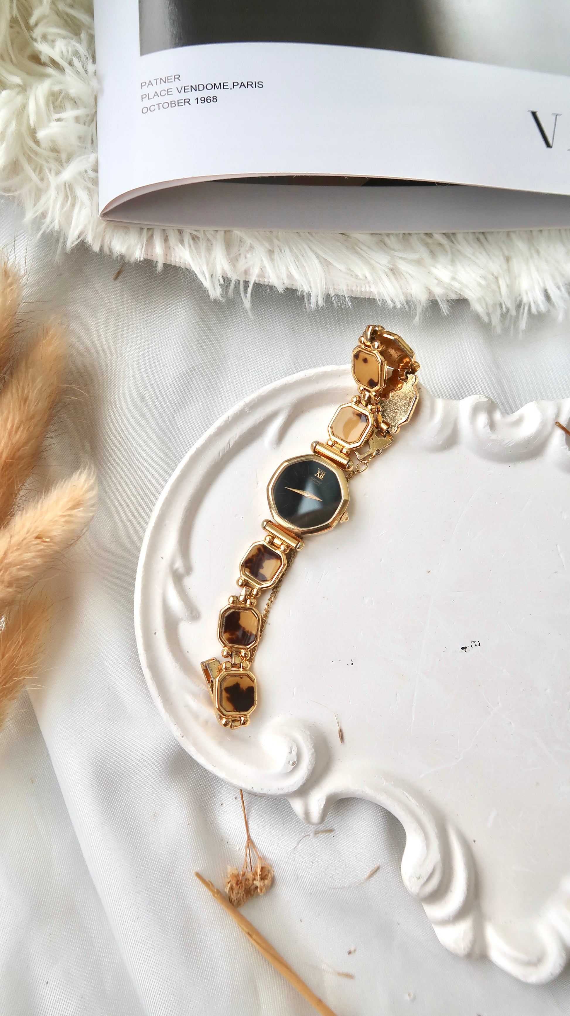 S. Black Octagon Dial with Brown & Gold Chain Watch