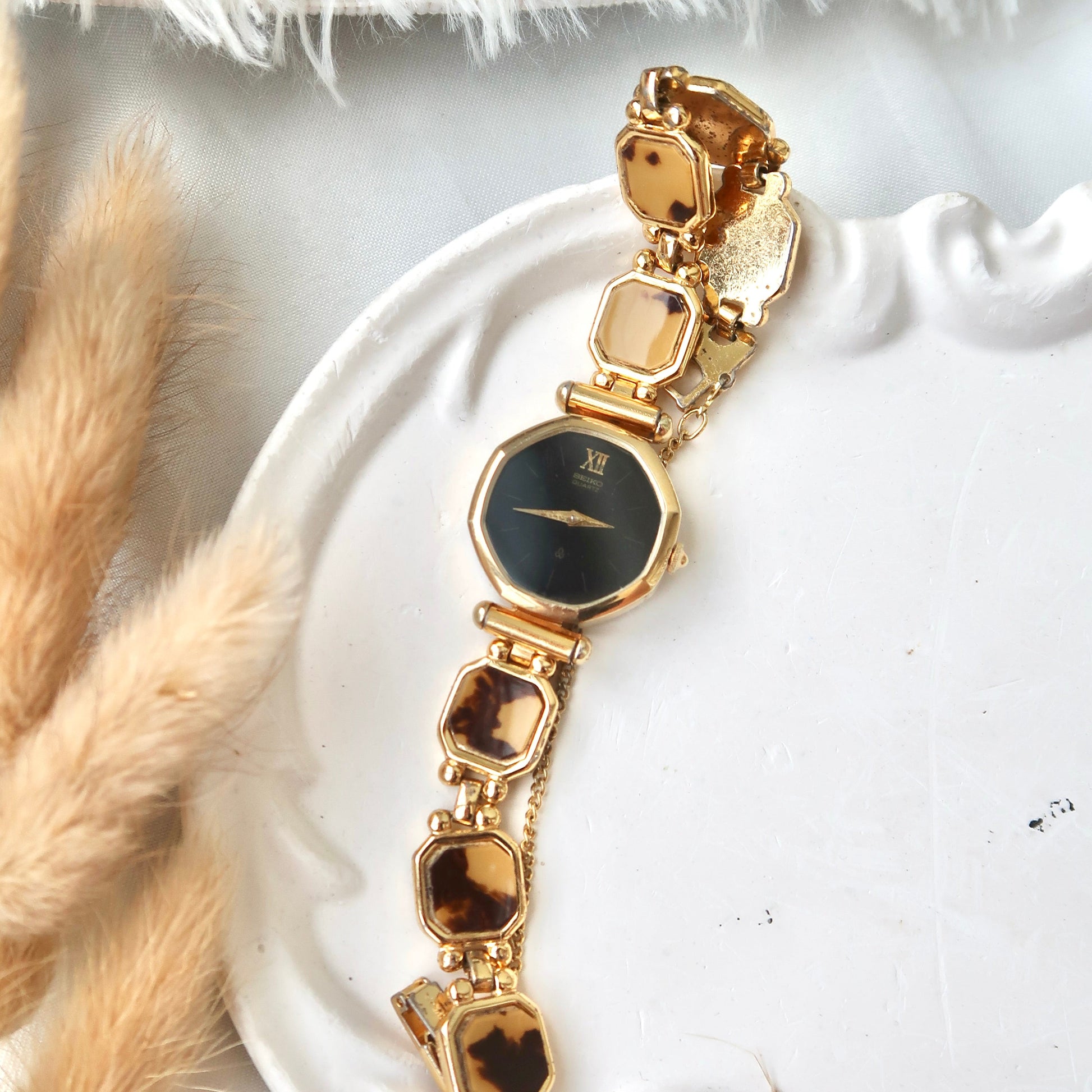 S. Black Octagon Dial with Brown & Gold Chain Watch