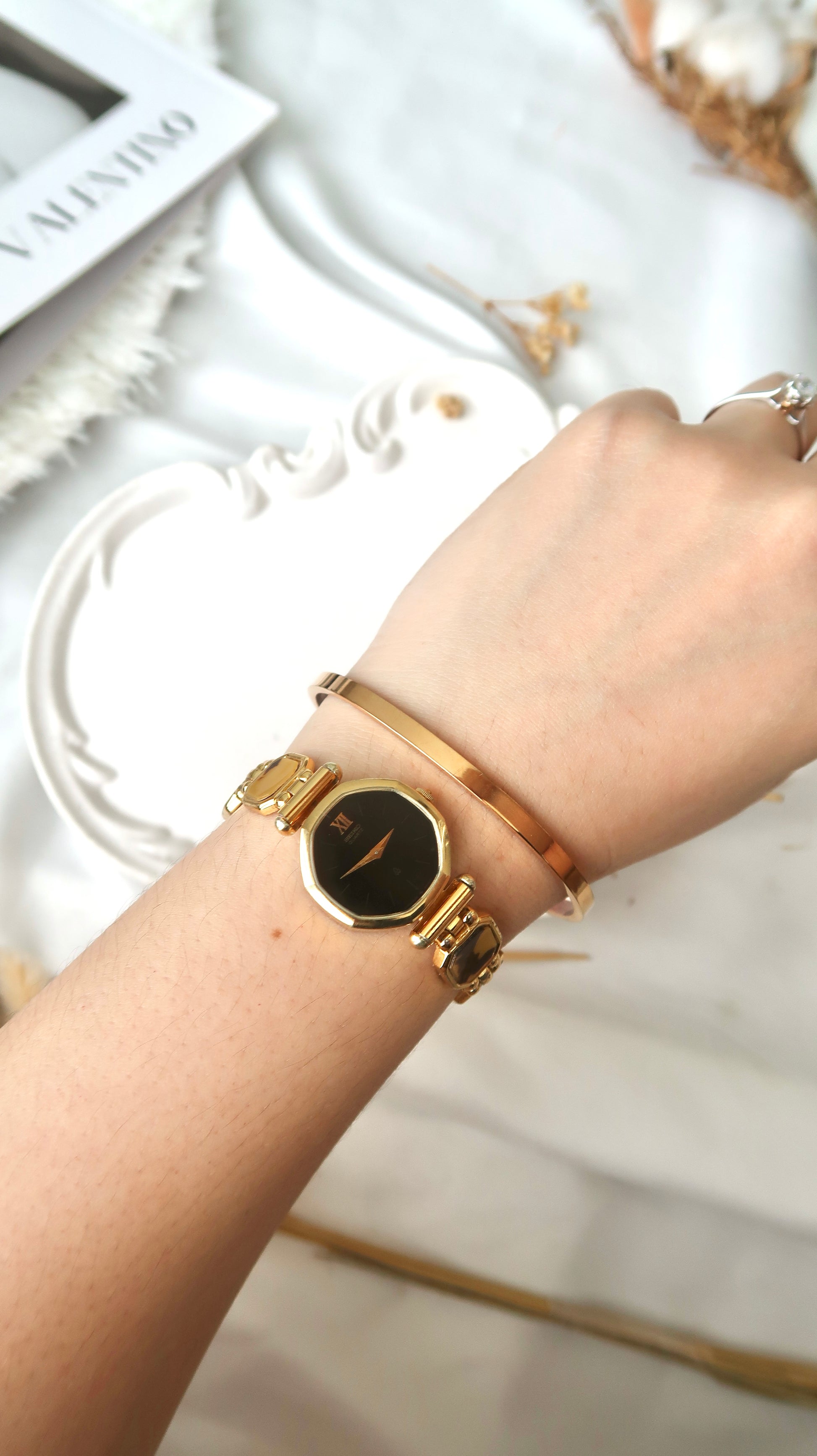 S. Black Octagon Dial with Brown & Gold Chain Watch