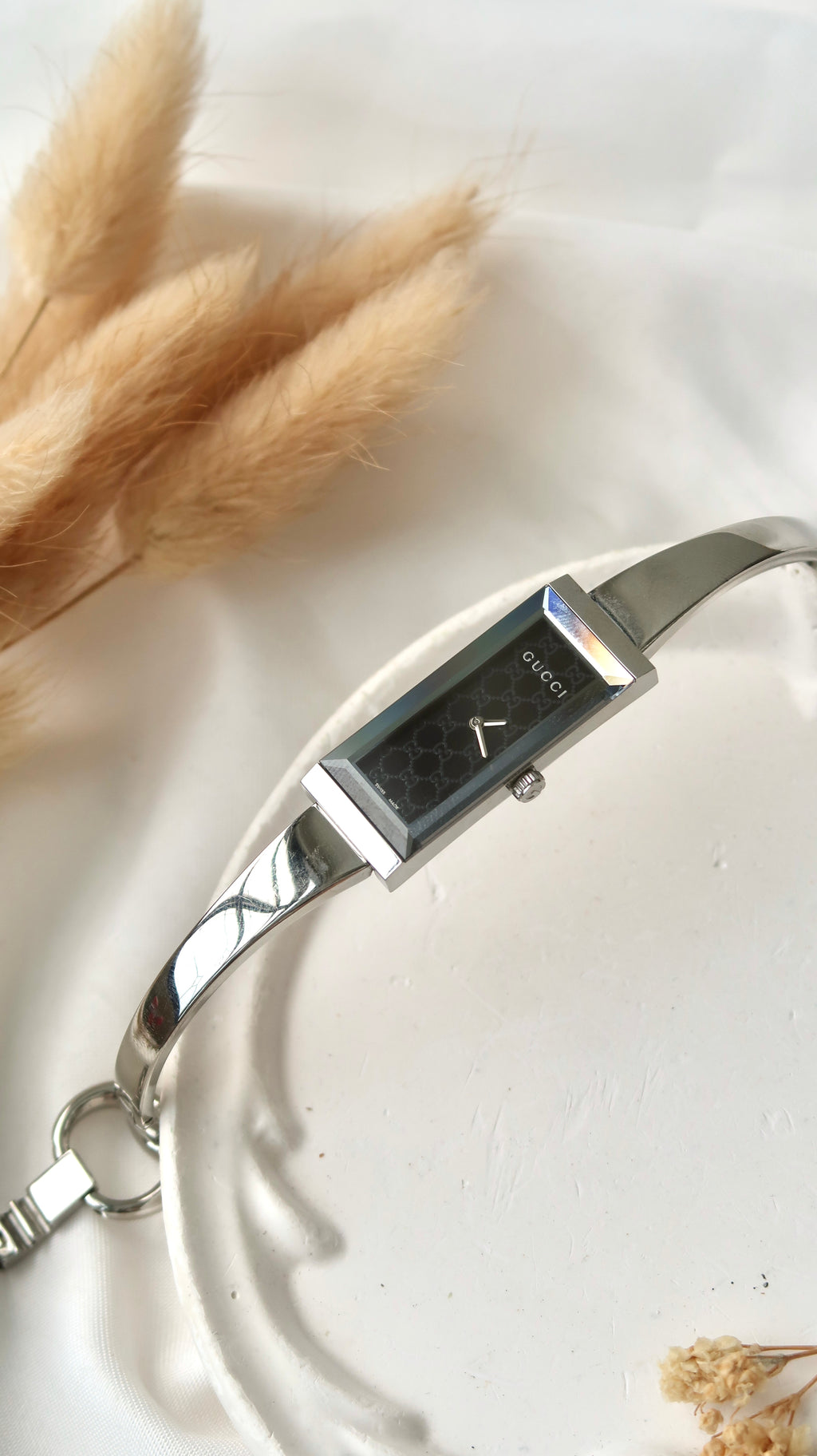 [WITH BOX] Gc. Black Patterned Rect Dial Silver Bangle Watch