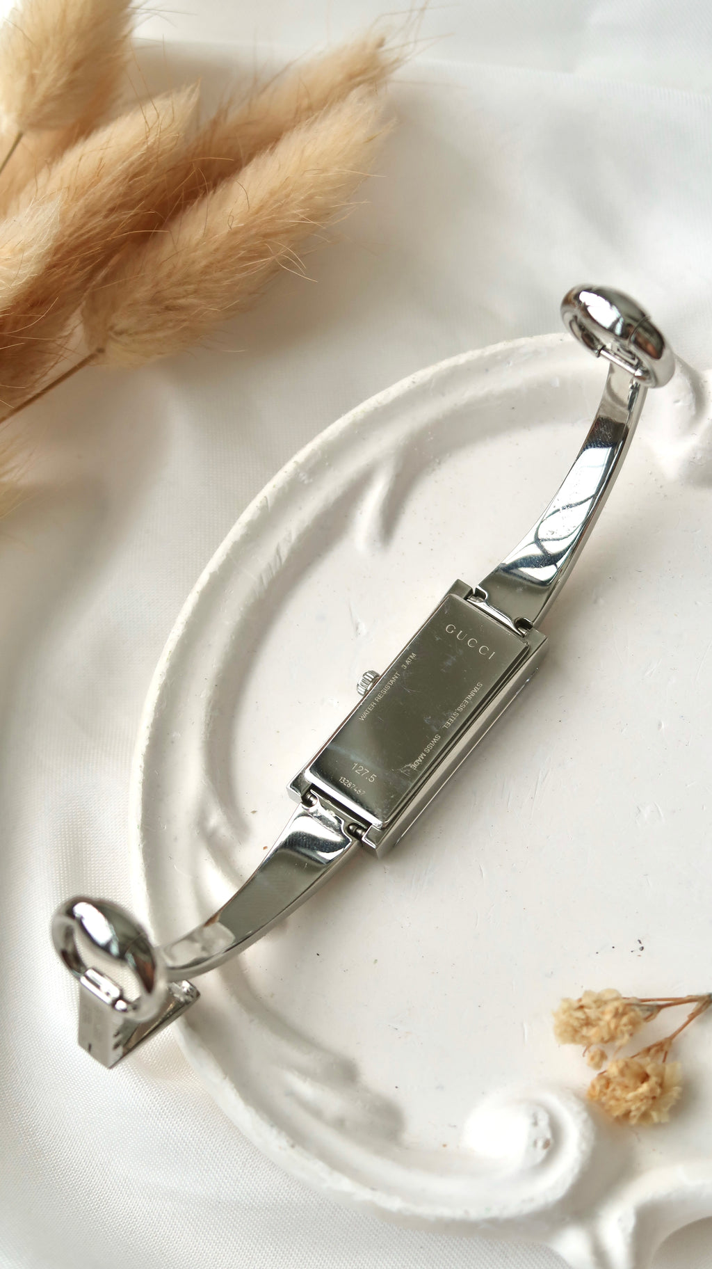 [WITH BOX] Gc. Black Patterned Rect Dial Silver Bangle Watch