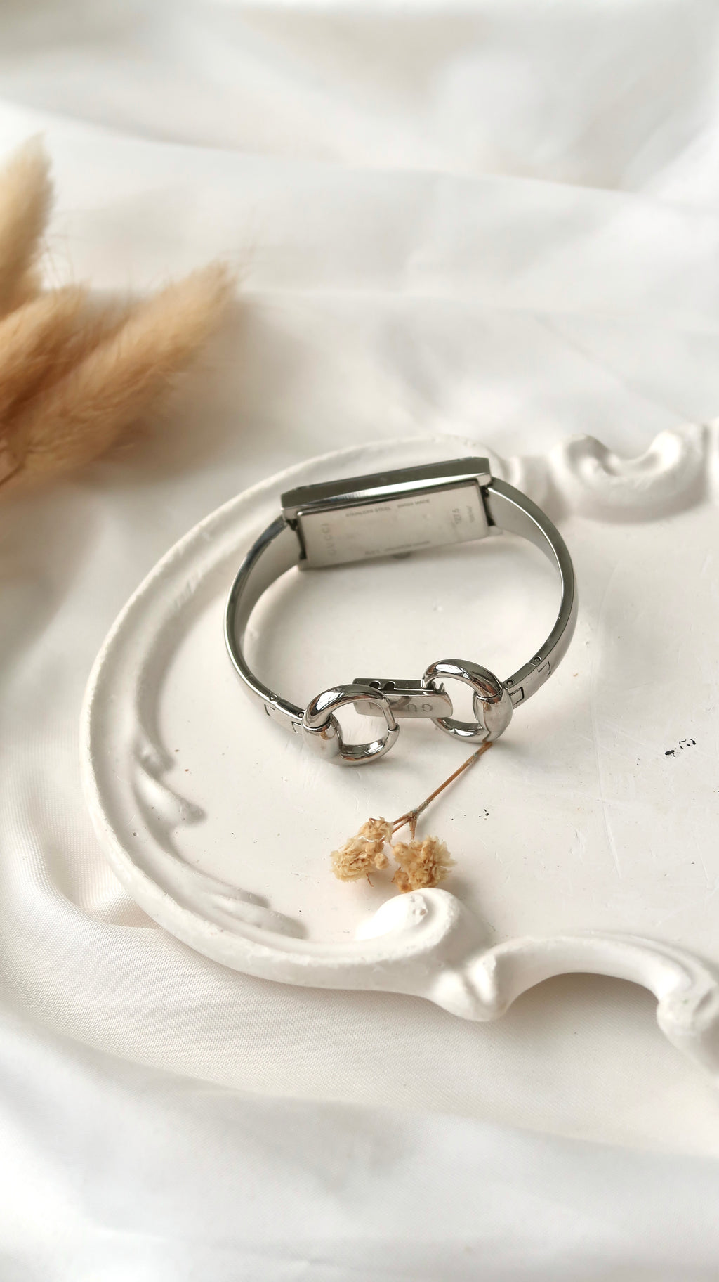 [WITH BOX] Gc. Black Patterned Rect Dial Silver Bangle Watch