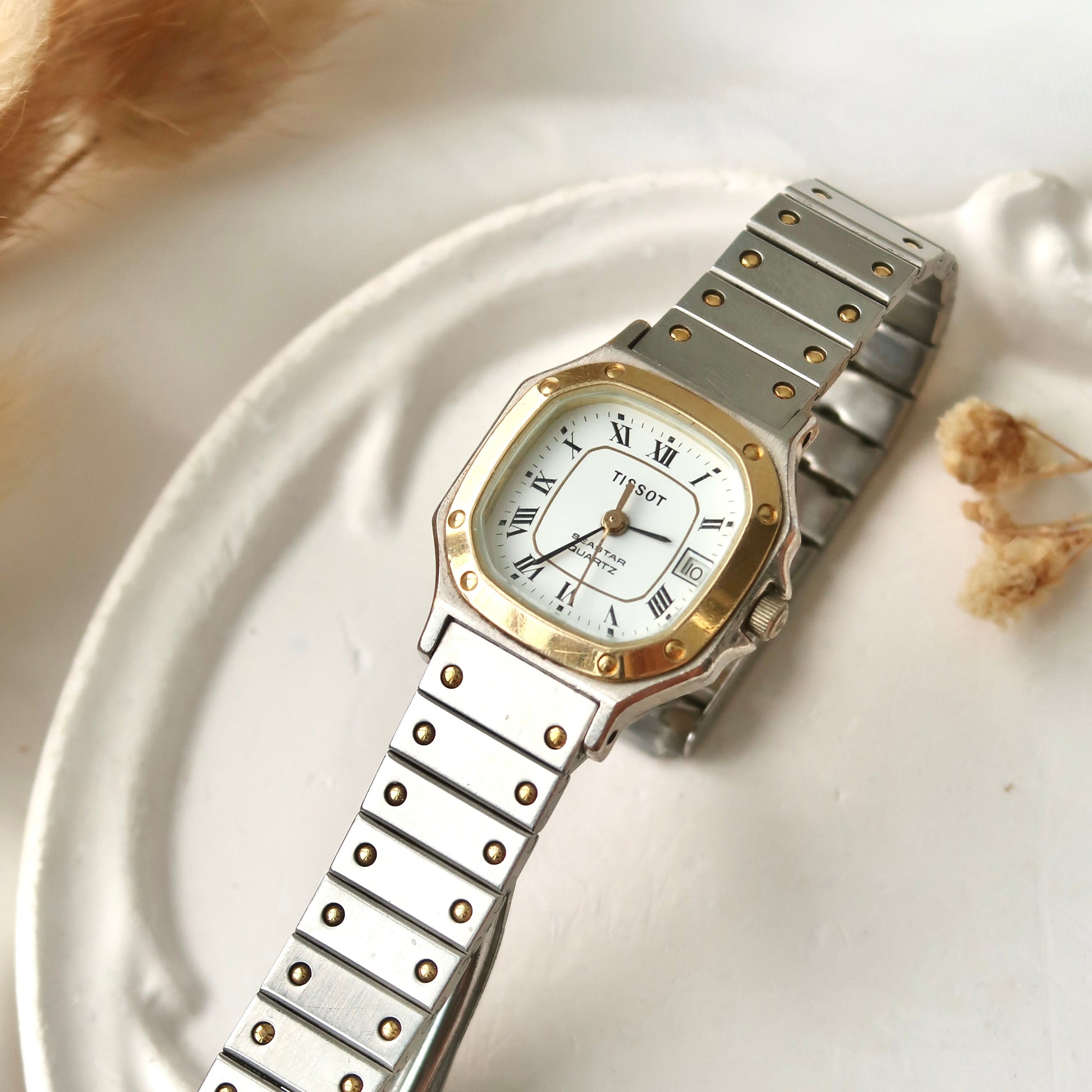 T. Seastar Square White Dial with Two Tone Chain Watch