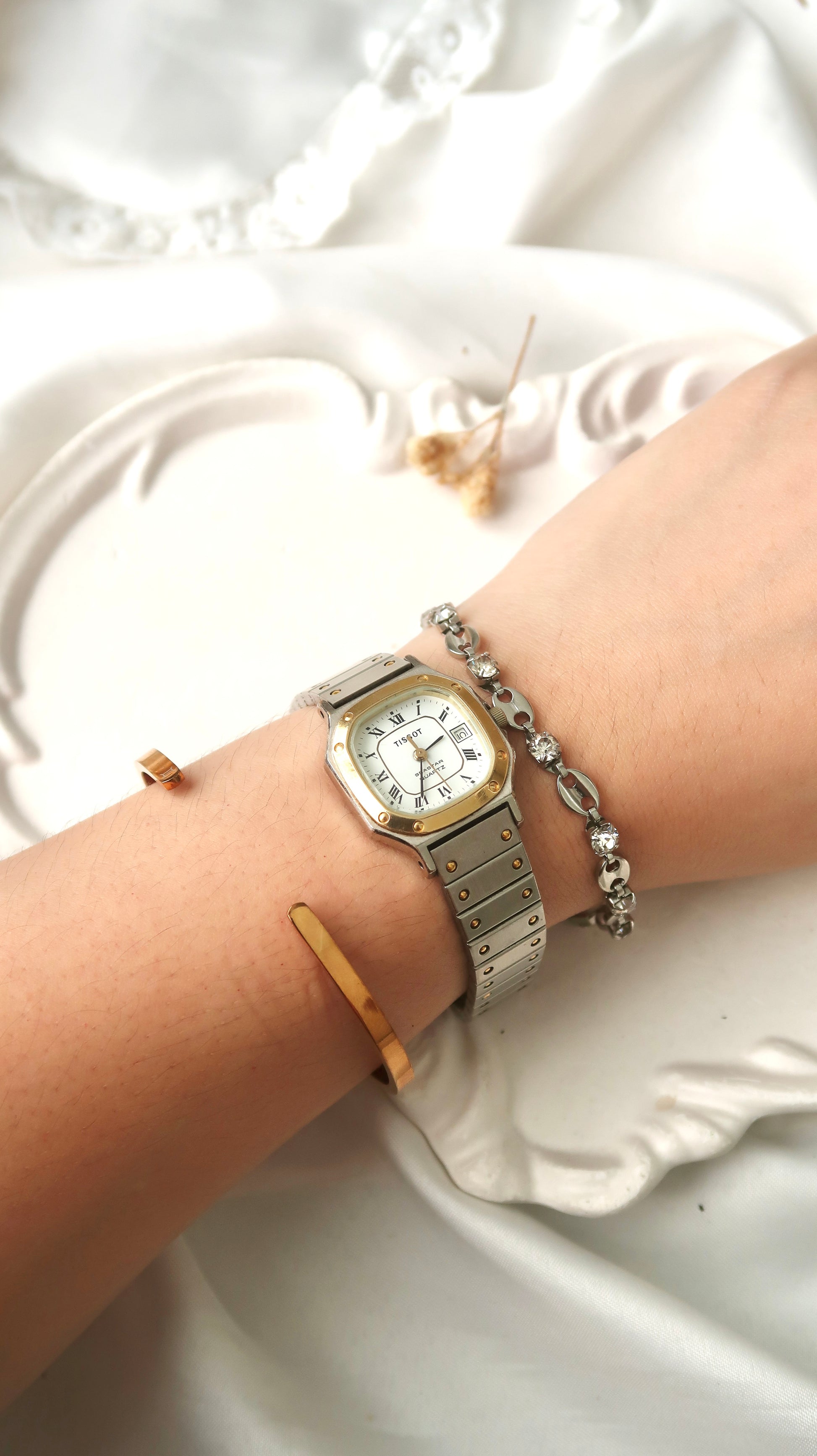 T. Seastar Square White Dial with Two Tone Chain Watch