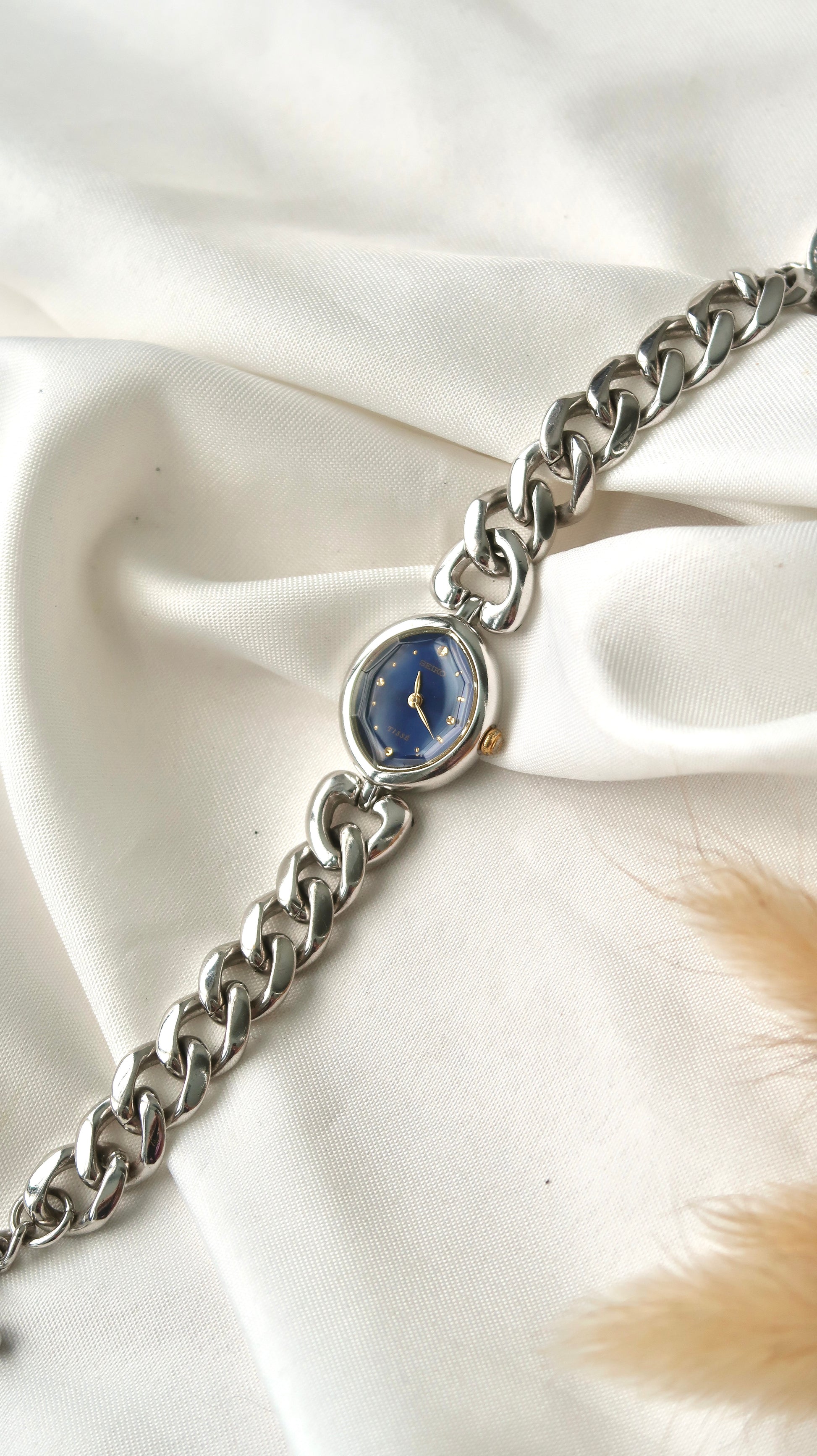 S. Tisse Blue Oval Dial with Silver Chain Watch