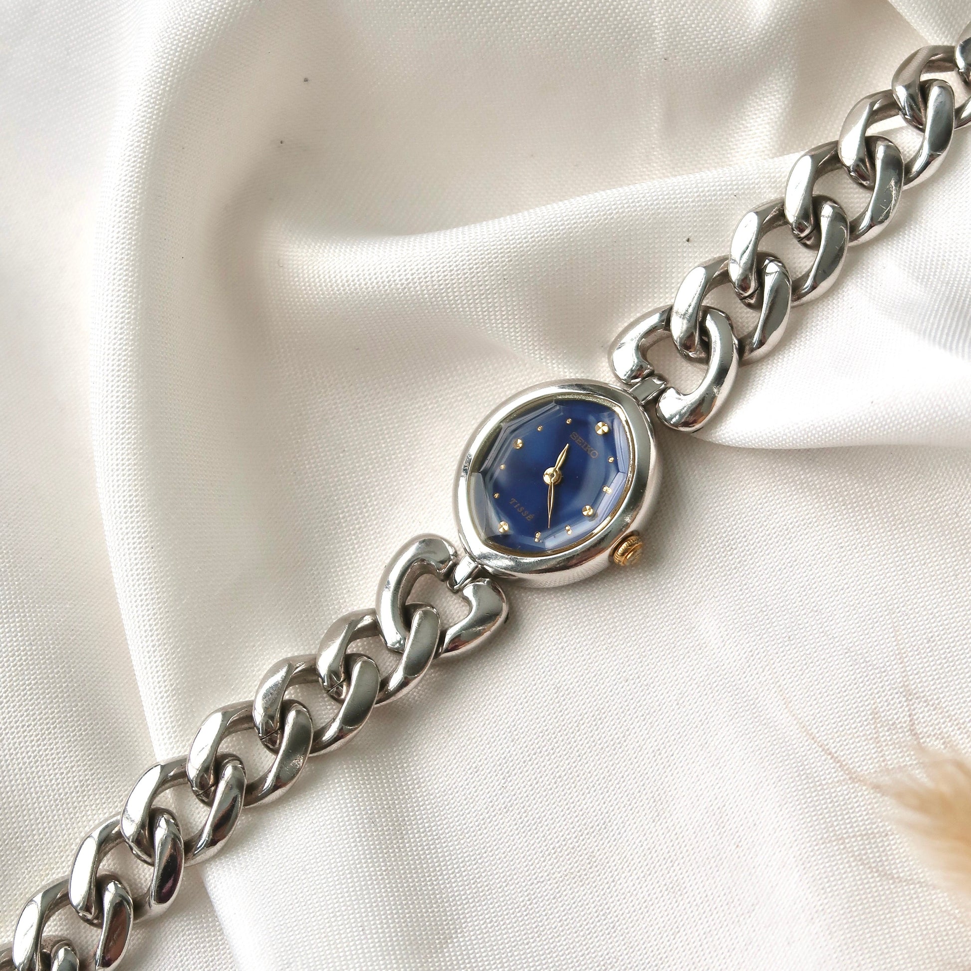 S. Tisse Blue Oval Dial with Silver Chain Watch