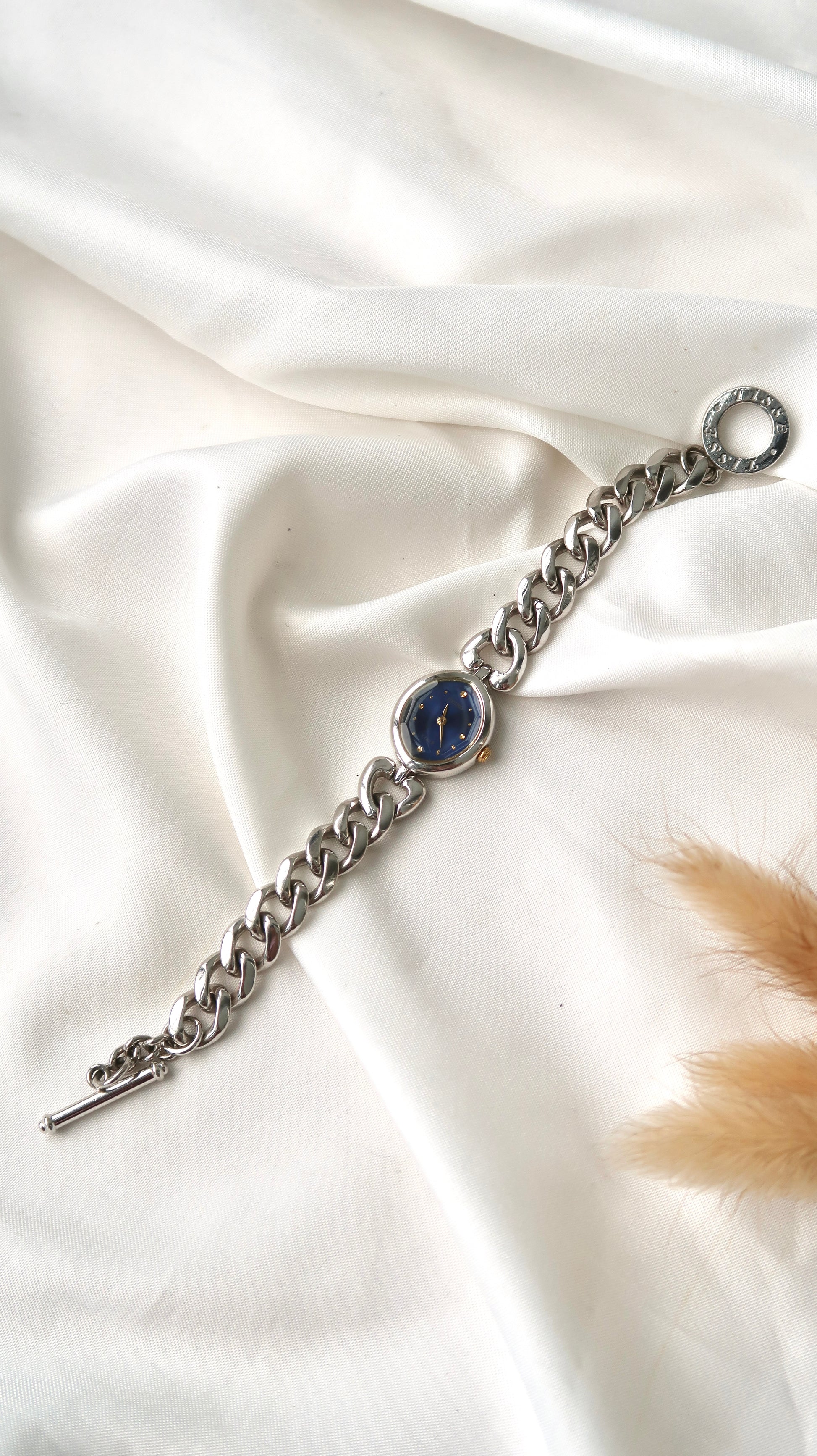 S. Tisse Blue Oval Dial with Silver Chain Watch