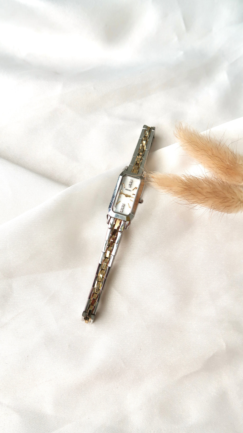 S. White Rectangle 6P Diamonds Dial with Two Tone Chain Watch