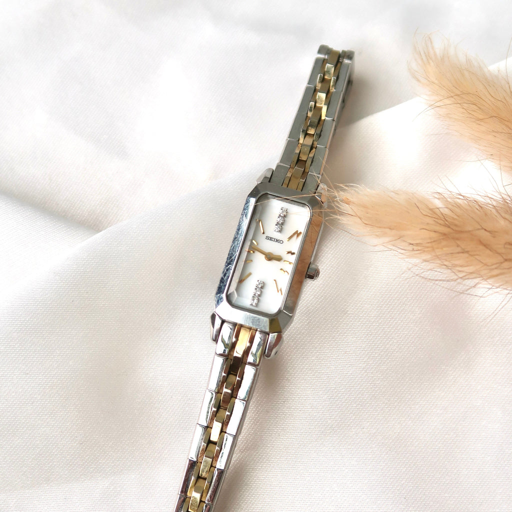 S. White Rectangle 6P Diamonds Dial with Two Tone Chain Watch