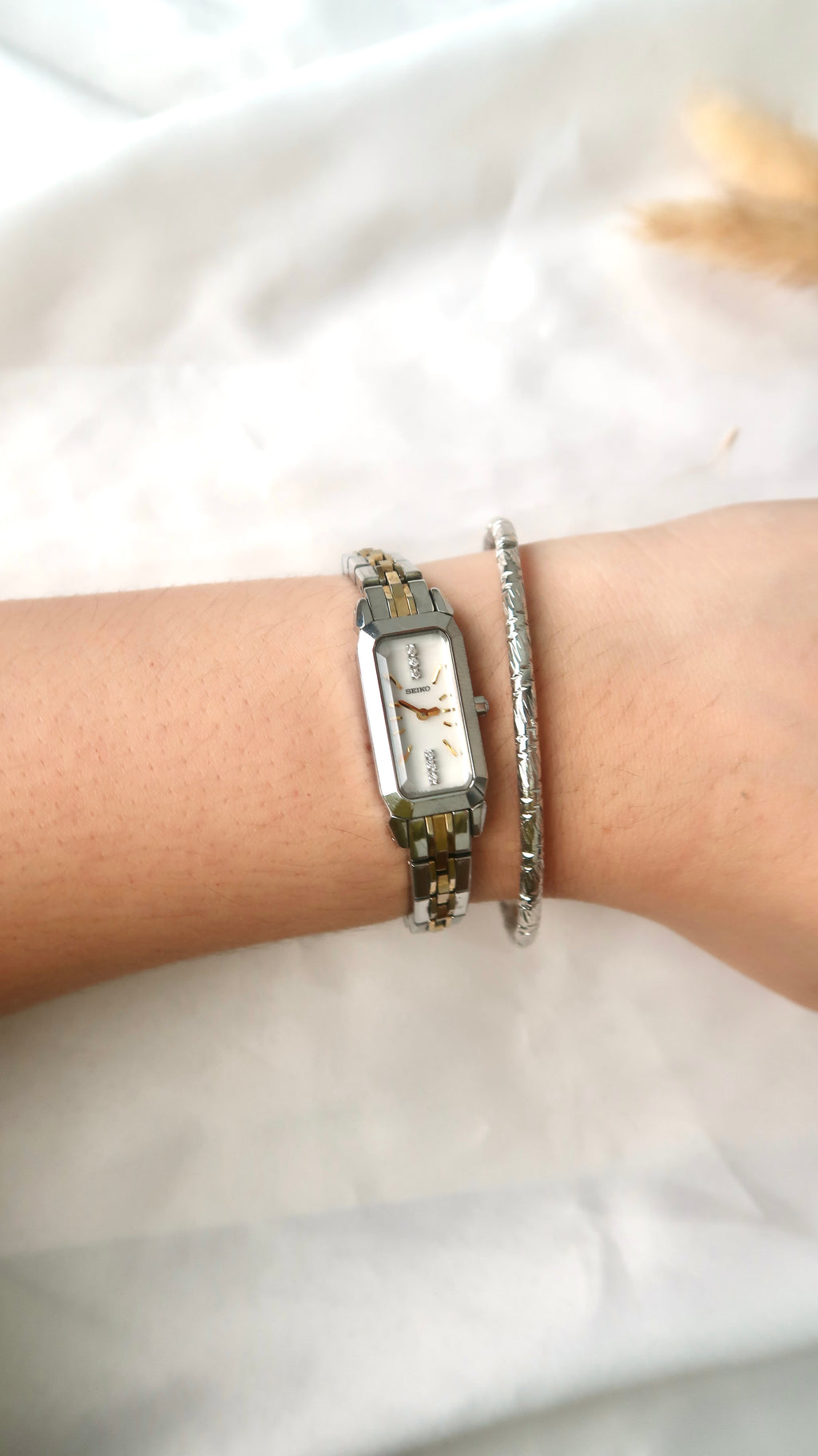 S. White Rectangle 6P Diamonds Dial with Two Tone Chain Watch
