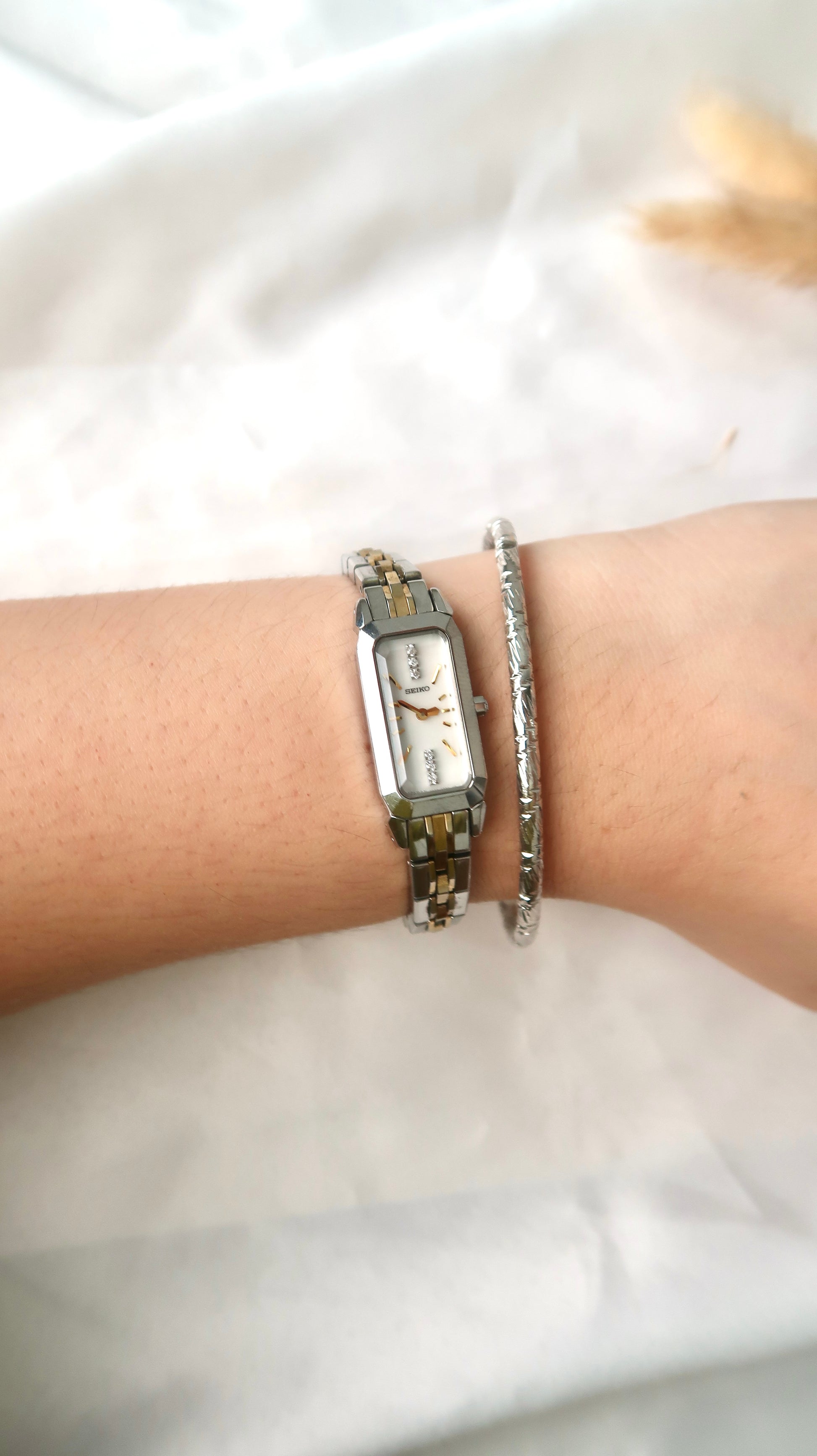 S. White Rectangle 6P Diamonds Dial with Two Tone Chain Watch
