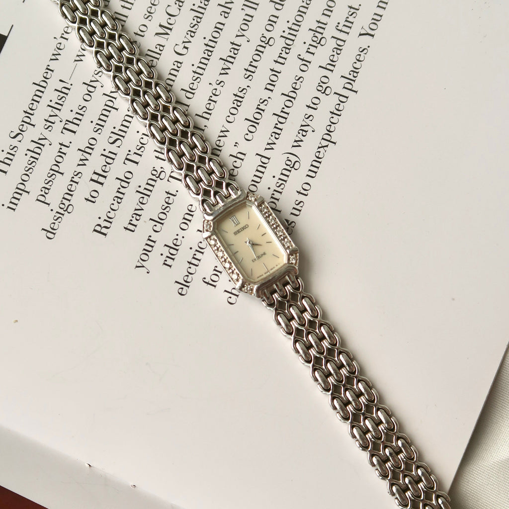 [WITH BOX] S. Exceline Rectangle MOP Diamonds Dial with Silver Chain Watch