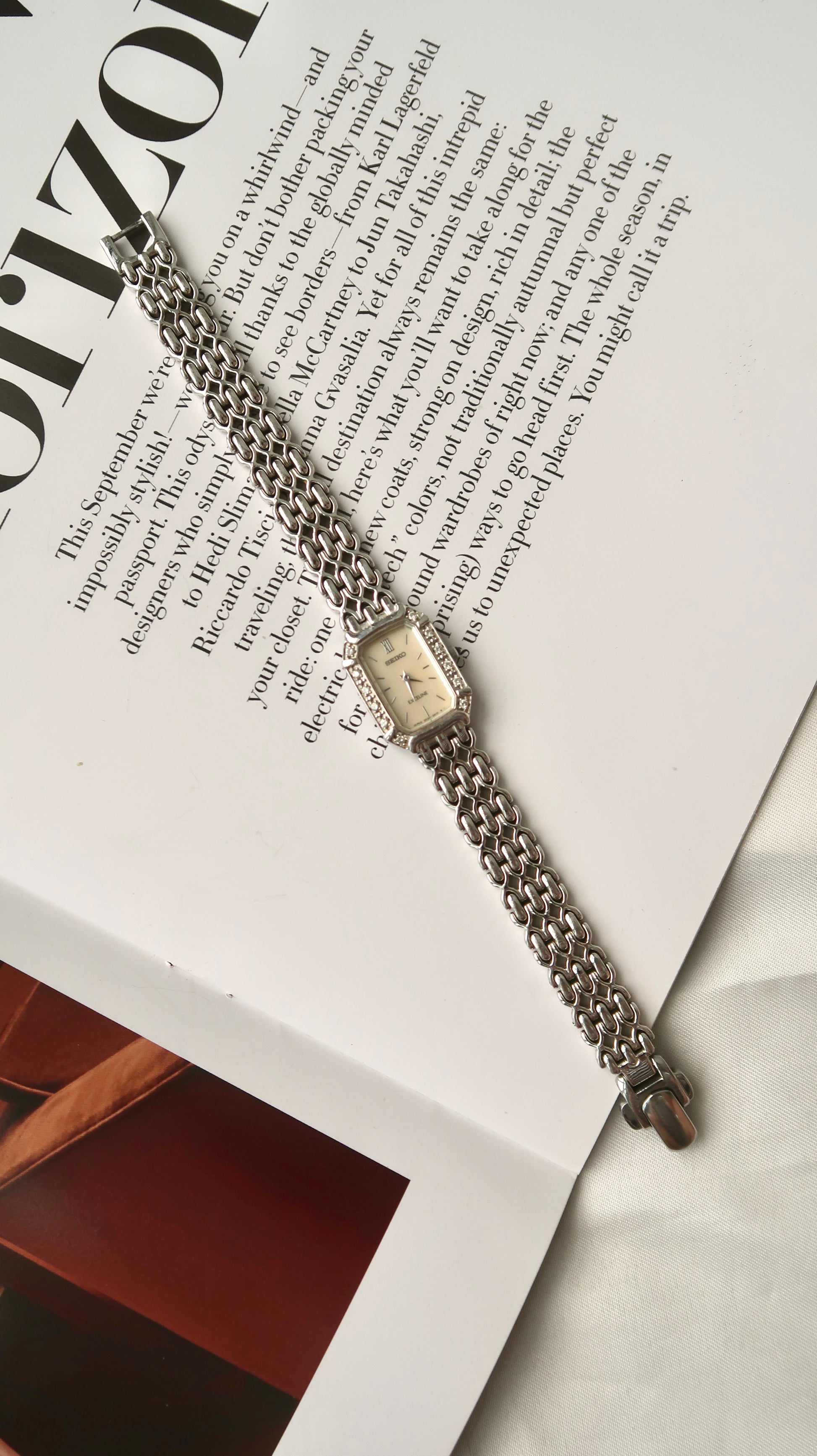 [WITH BOX] S. Exceline Rectangle MOP Diamonds Dial with Silver Chain Watch