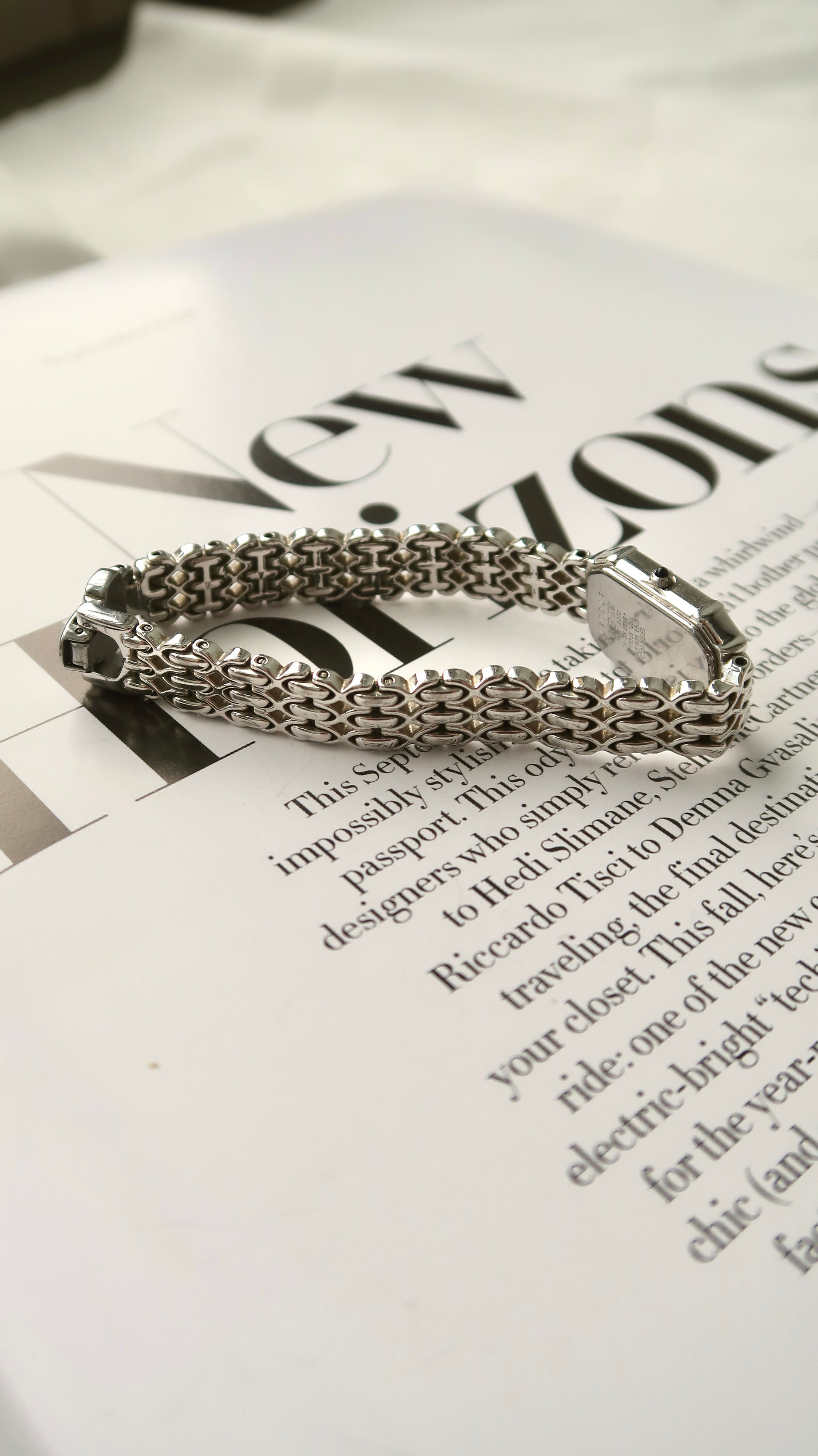 [WITH BOX] S. Exceline Rectangle MOP Diamonds Dial with Silver Chain Watch
