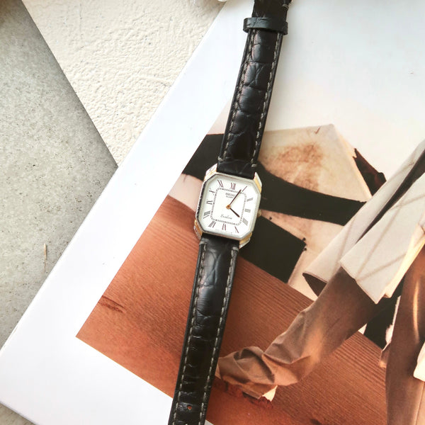 S. Exceline White Square Roman Dial with Black Strap Watch