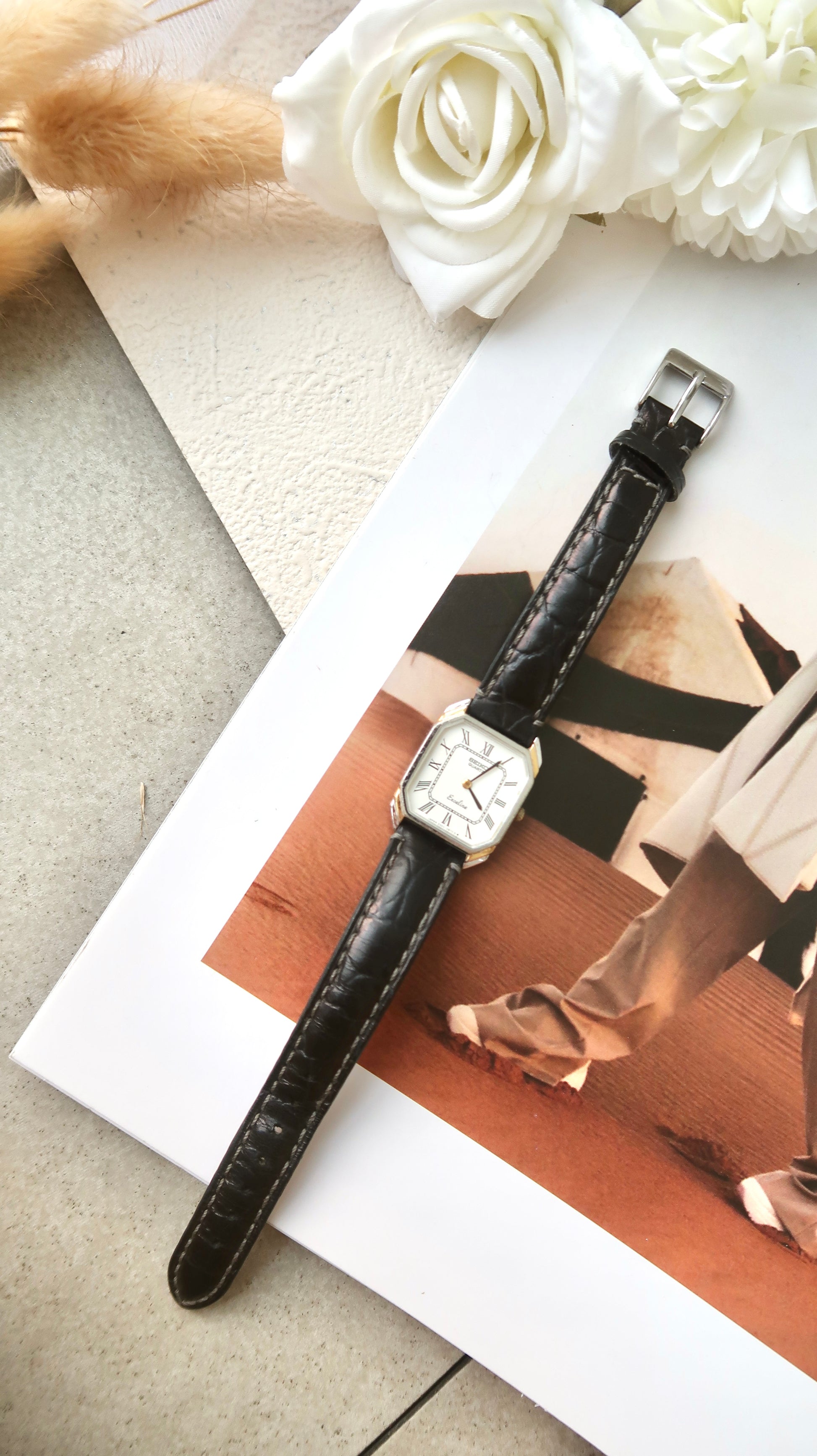 S. Exceline White Square Roman Dial with Black Strap Watch