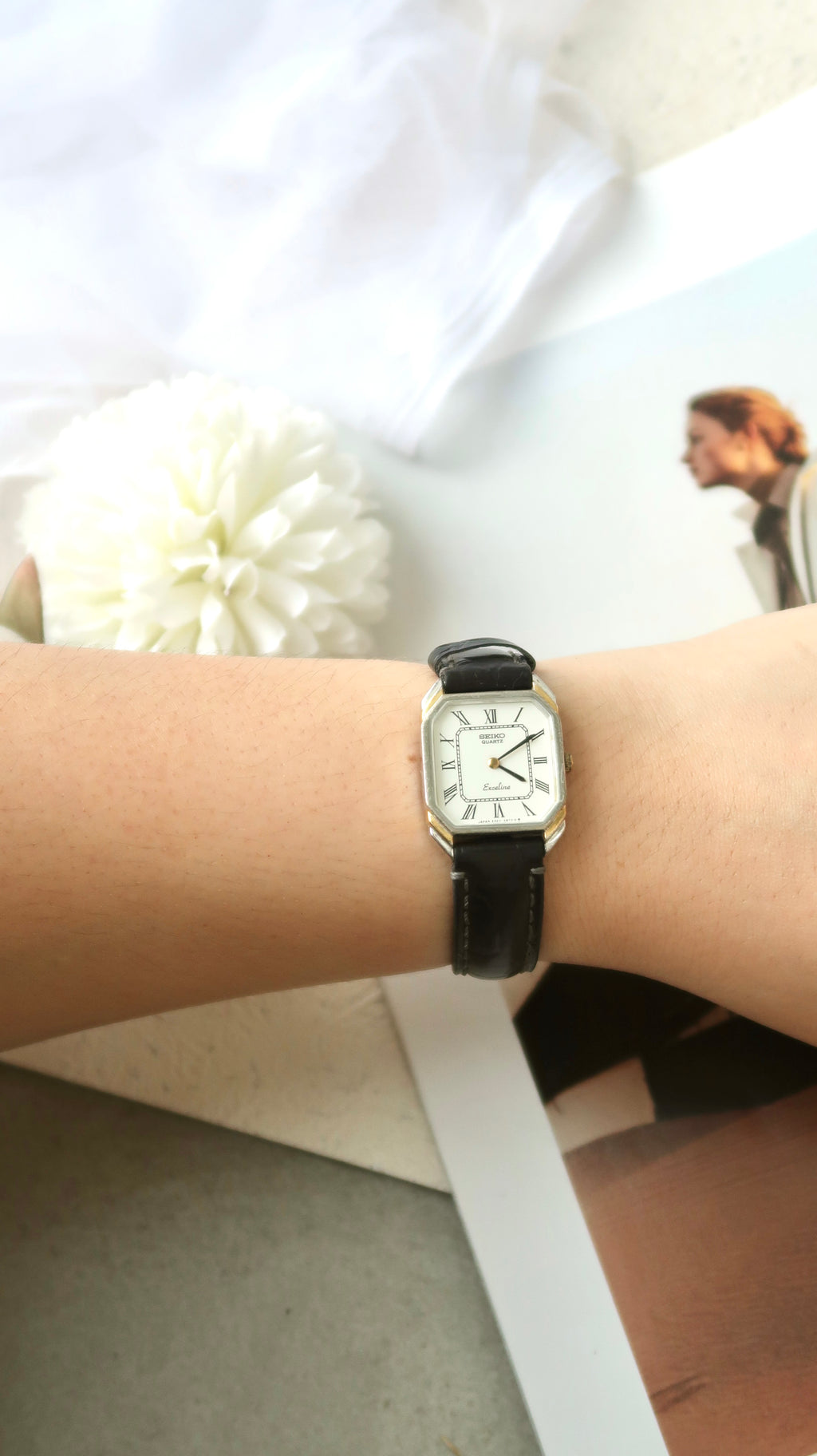 S. Exceline White Square Roman Dial with Black Strap Watch