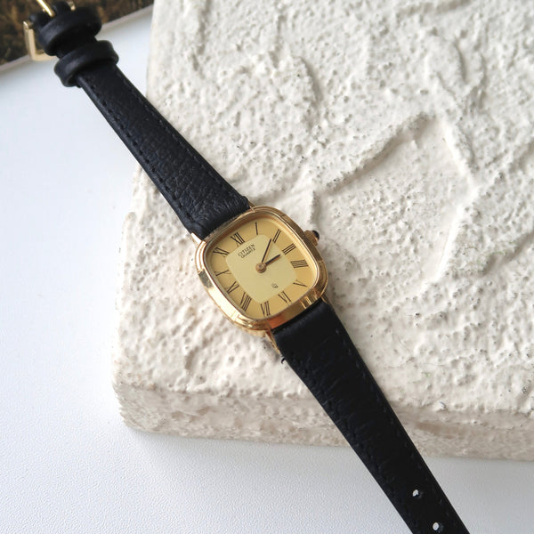 CTZ. Gold Square Roman Dial with Black Strap Watch