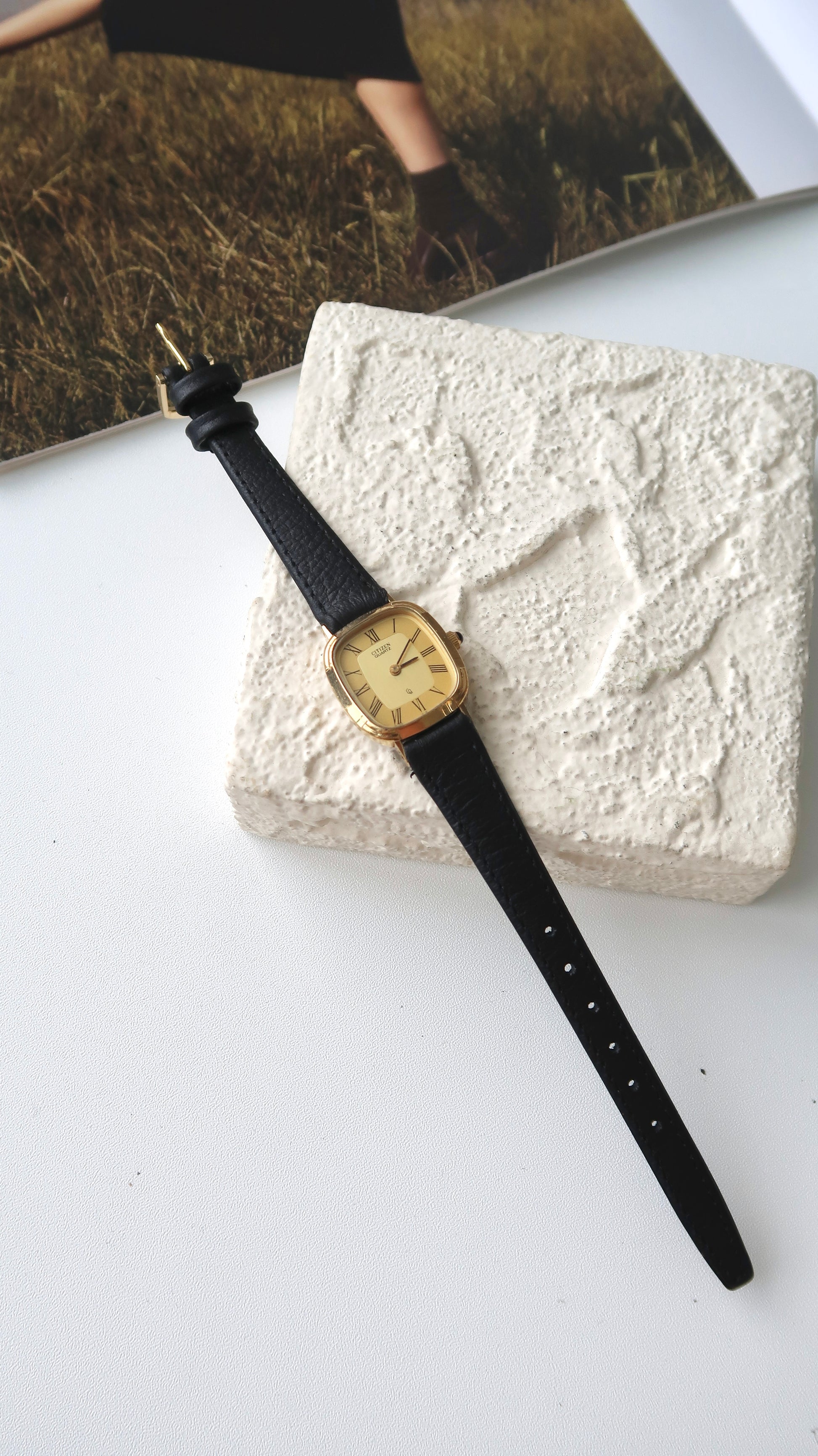 CTZ. Gold Square Roman Dial with Black Strap Watch