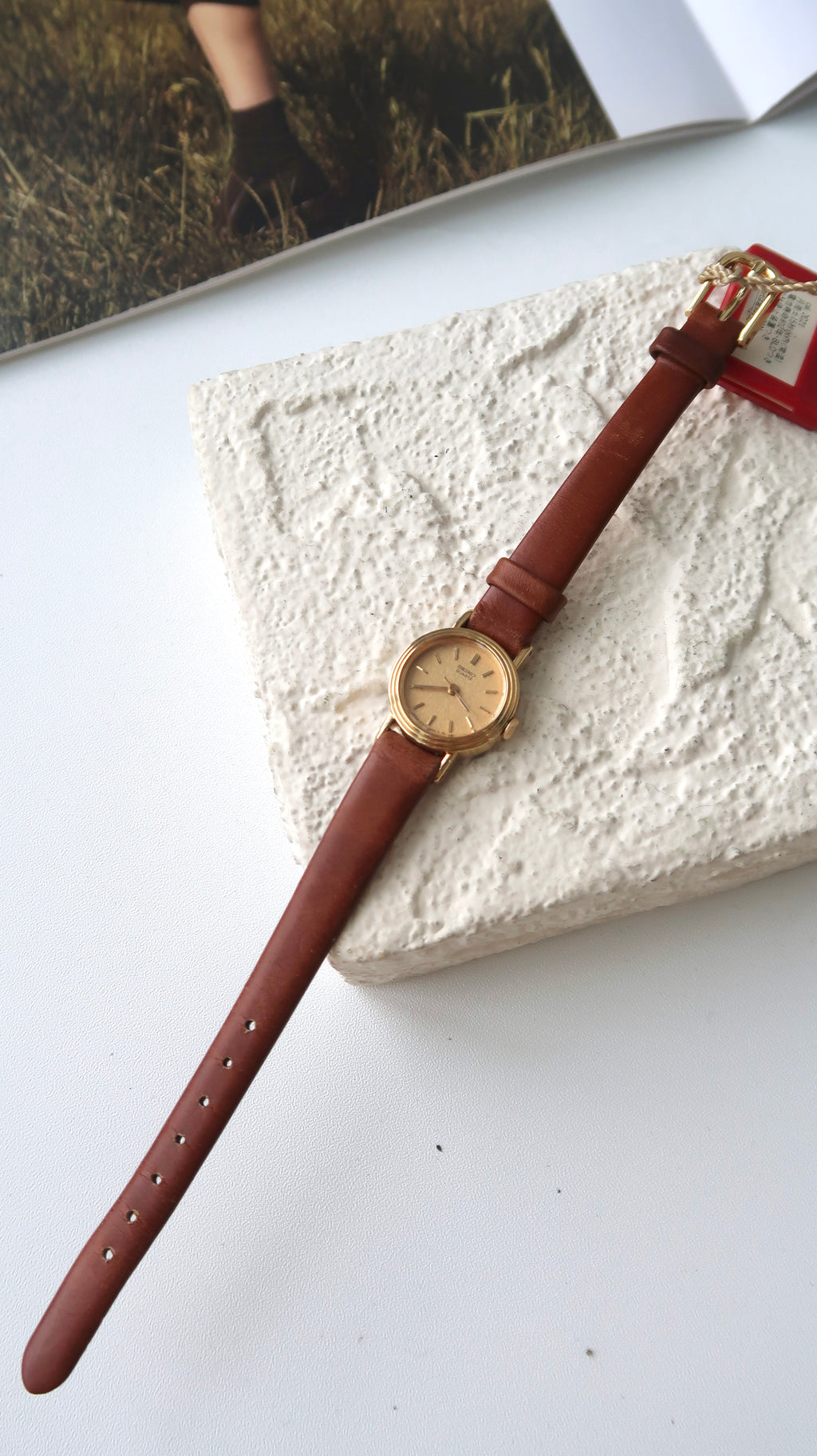 S. Gold Mini Round Dial with Brown Strap Watch