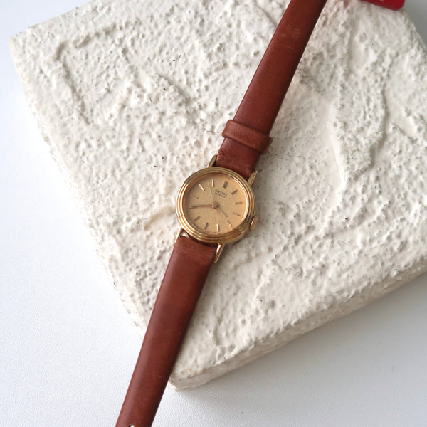 S. Gold Mini Round Dial with Brown Strap Watch