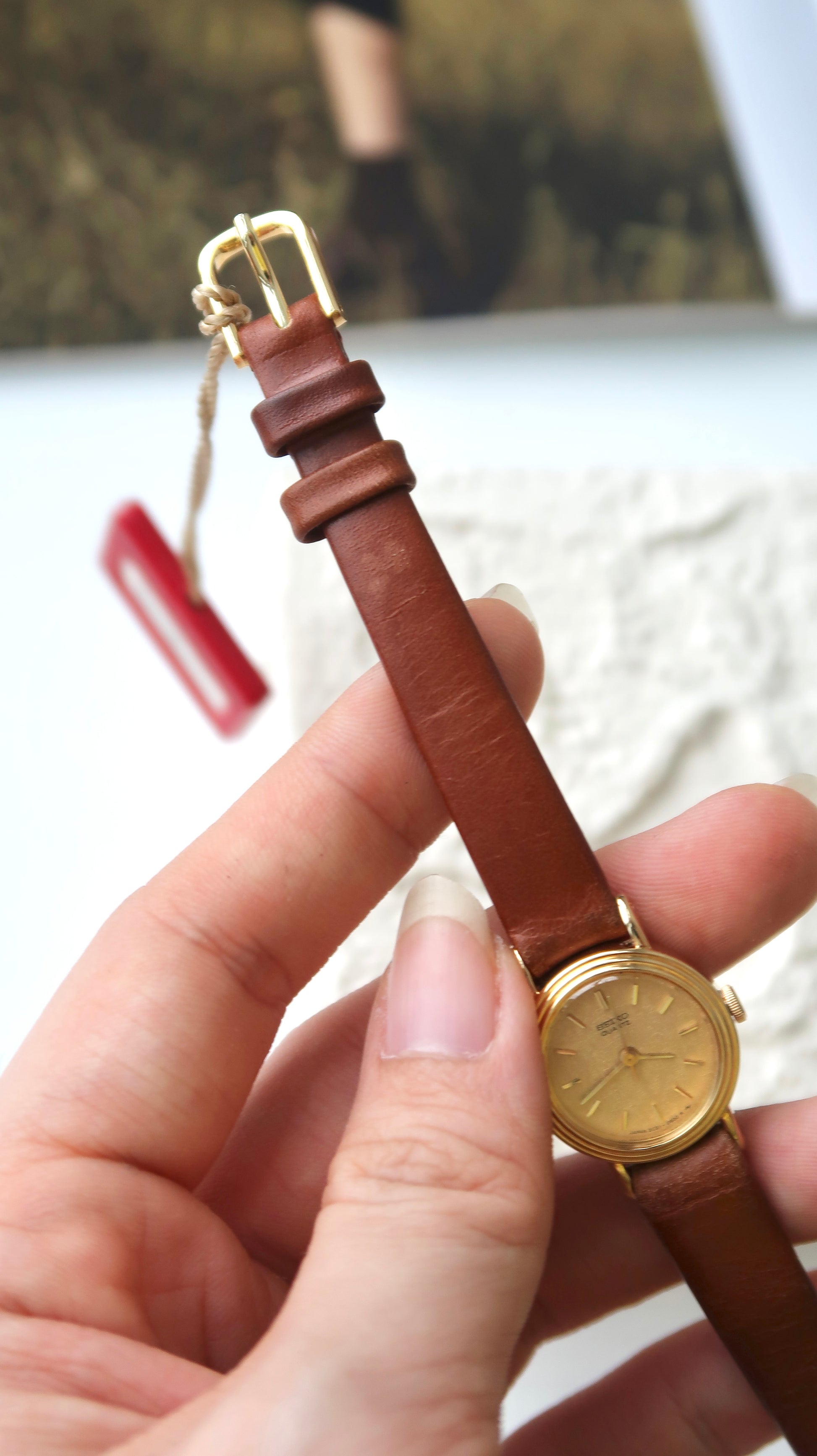 S. Gold Mini Round Dial with Brown Strap Watch