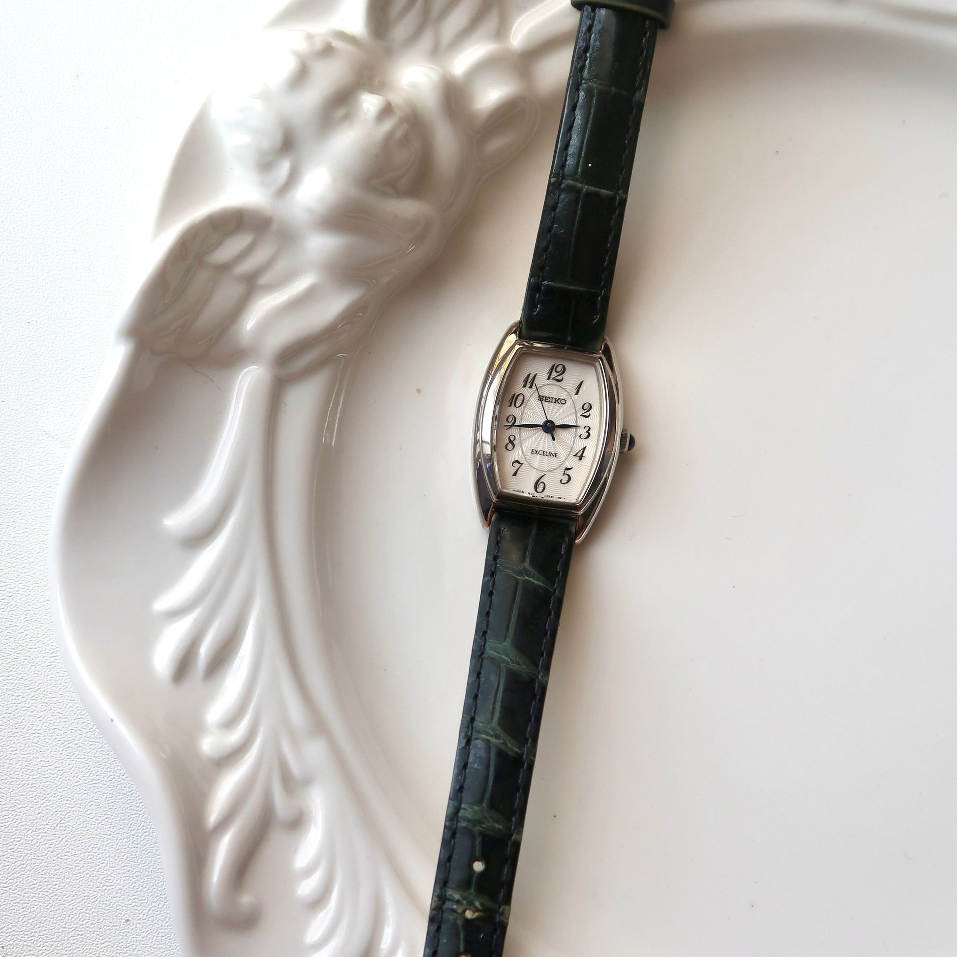 S. Exceline White Oblong Dial Black Strap Watch