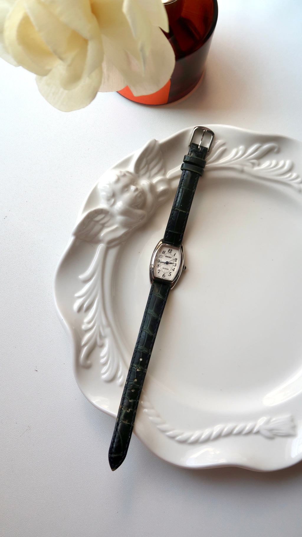 S. Exceline White Oblong Dial Black Strap Watch