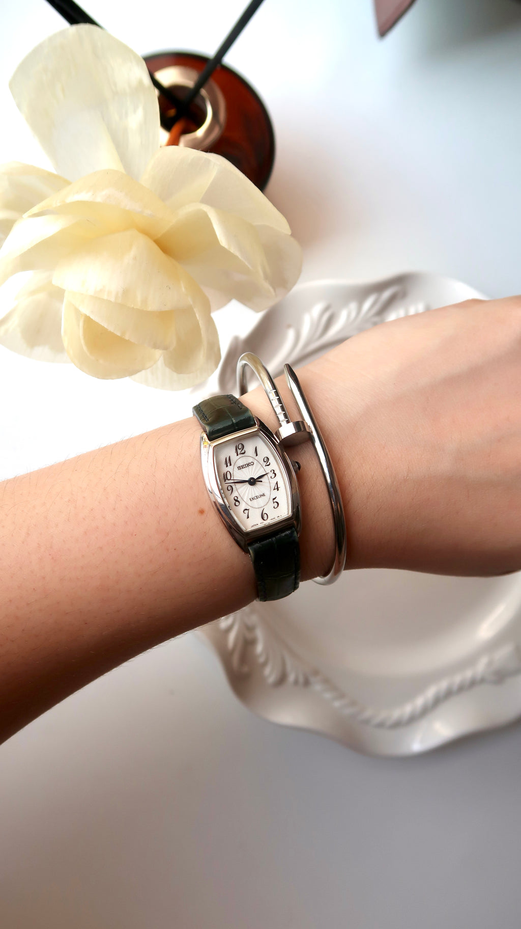 S. Exceline White Oblong Dial Black Strap Watch