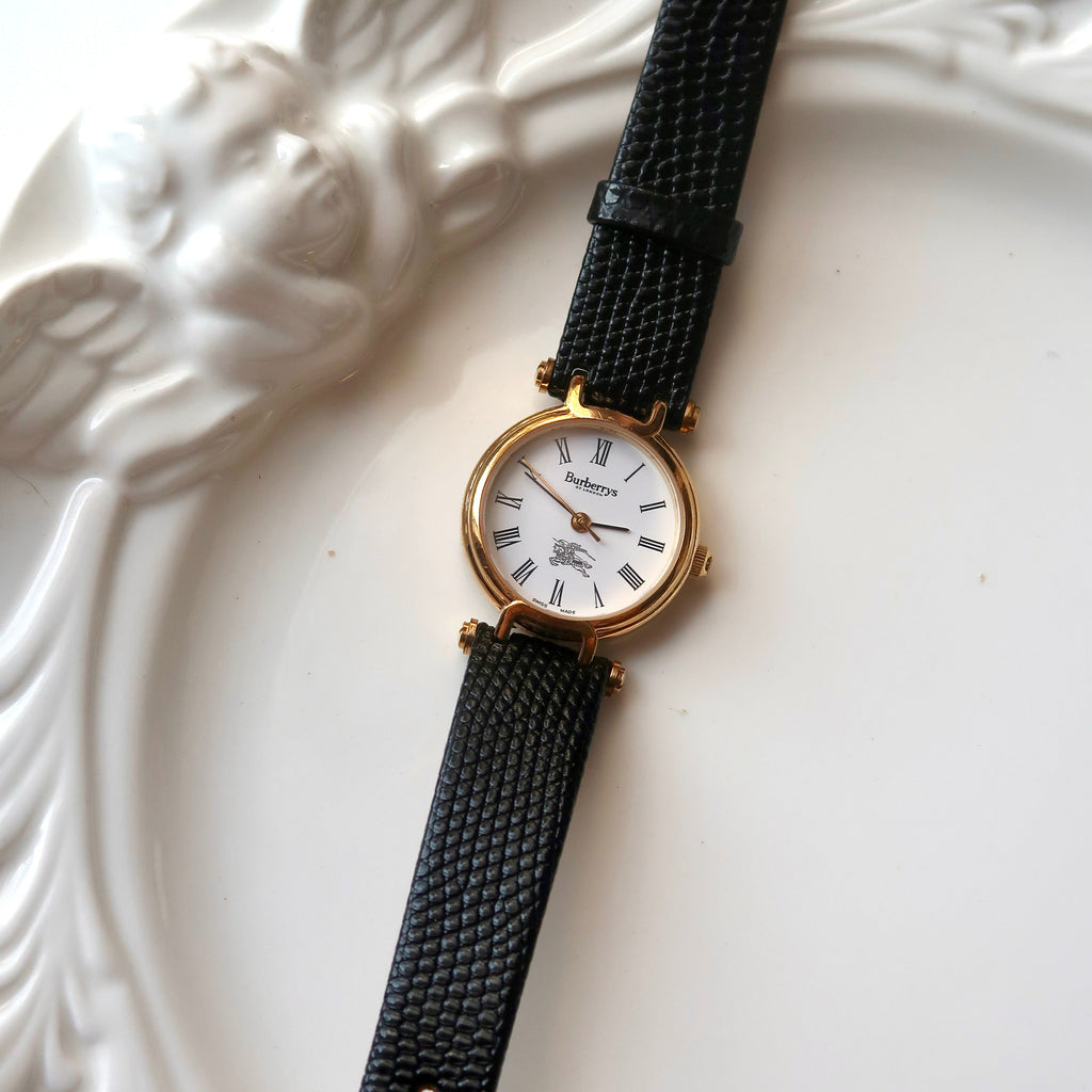 BRBY. White Round Dial with Black Lizard Strap Watch