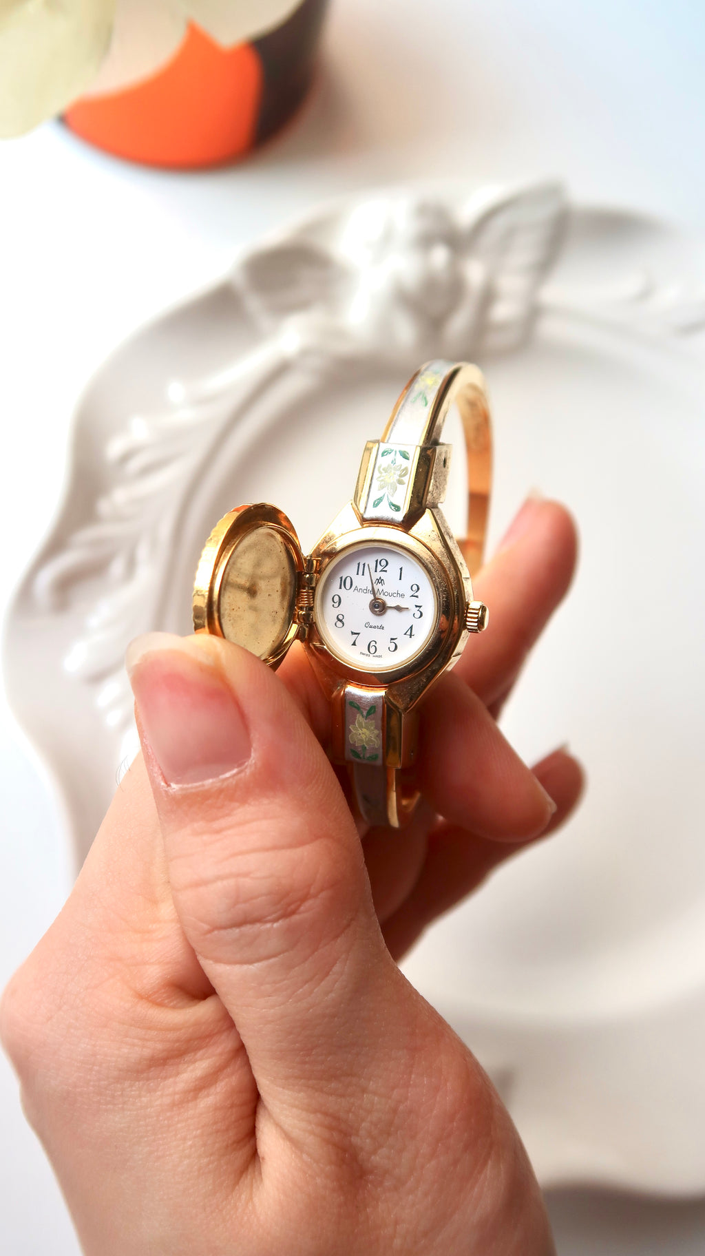 AM. Silver & Green Flower Dial Gold Bangle Watch