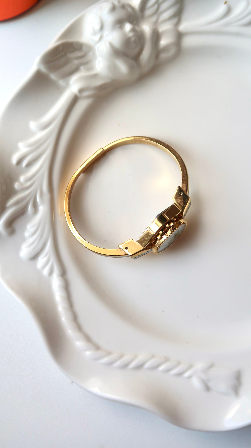 AM. Silver & Green Flower Dial Gold Bangle Watch