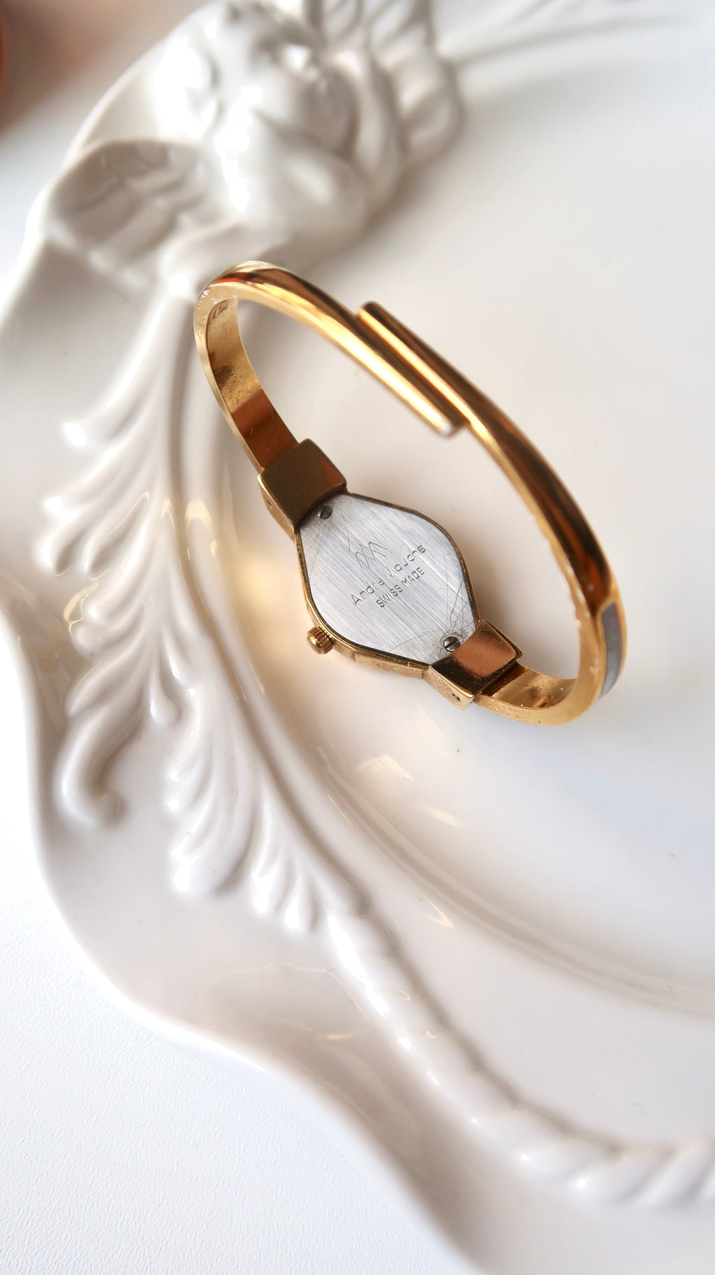 AM. Silver & Green Flower Dial Gold Bangle Watch